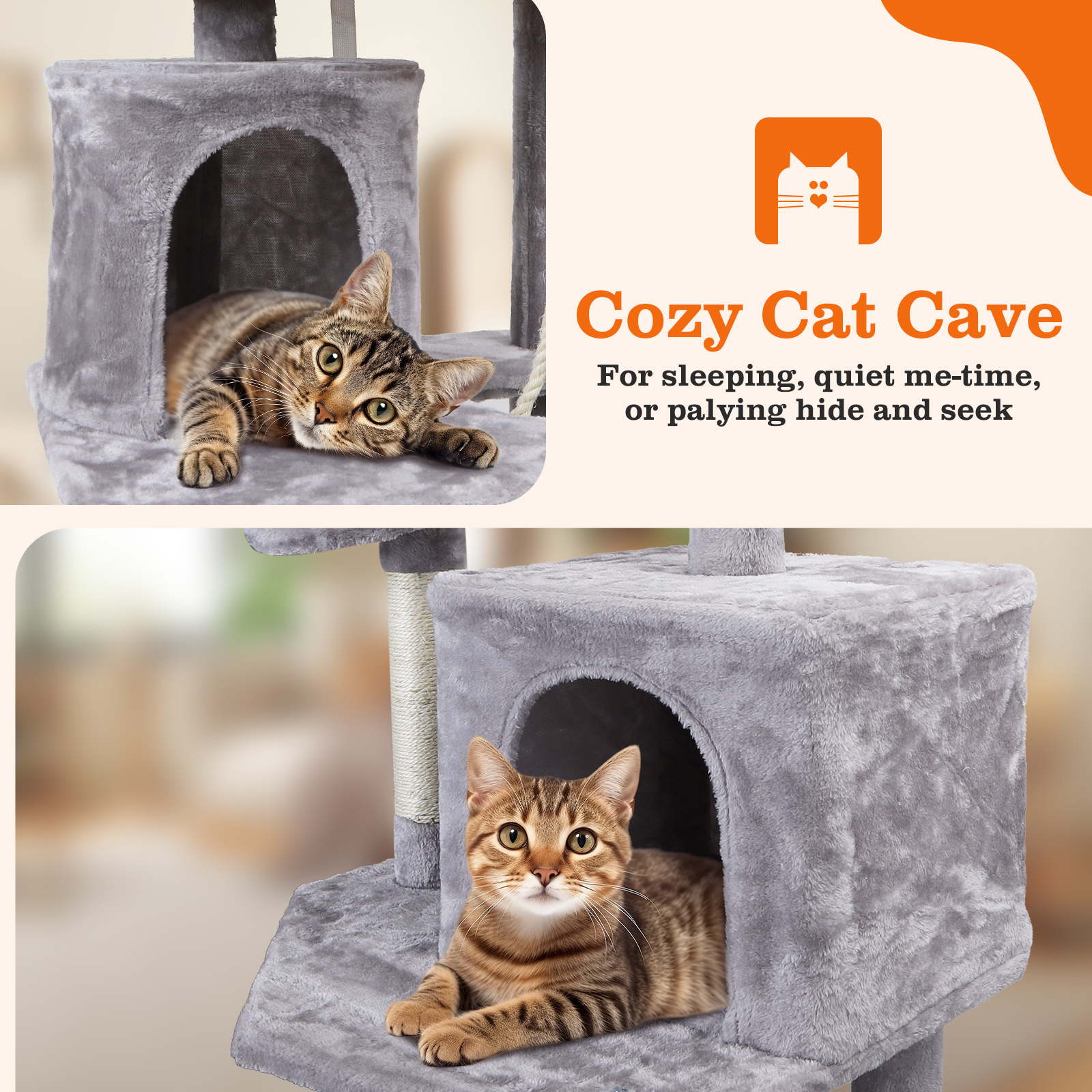 Dos gatos en un árbol para gatos gris. Uno en la cueva, otro arriba.
