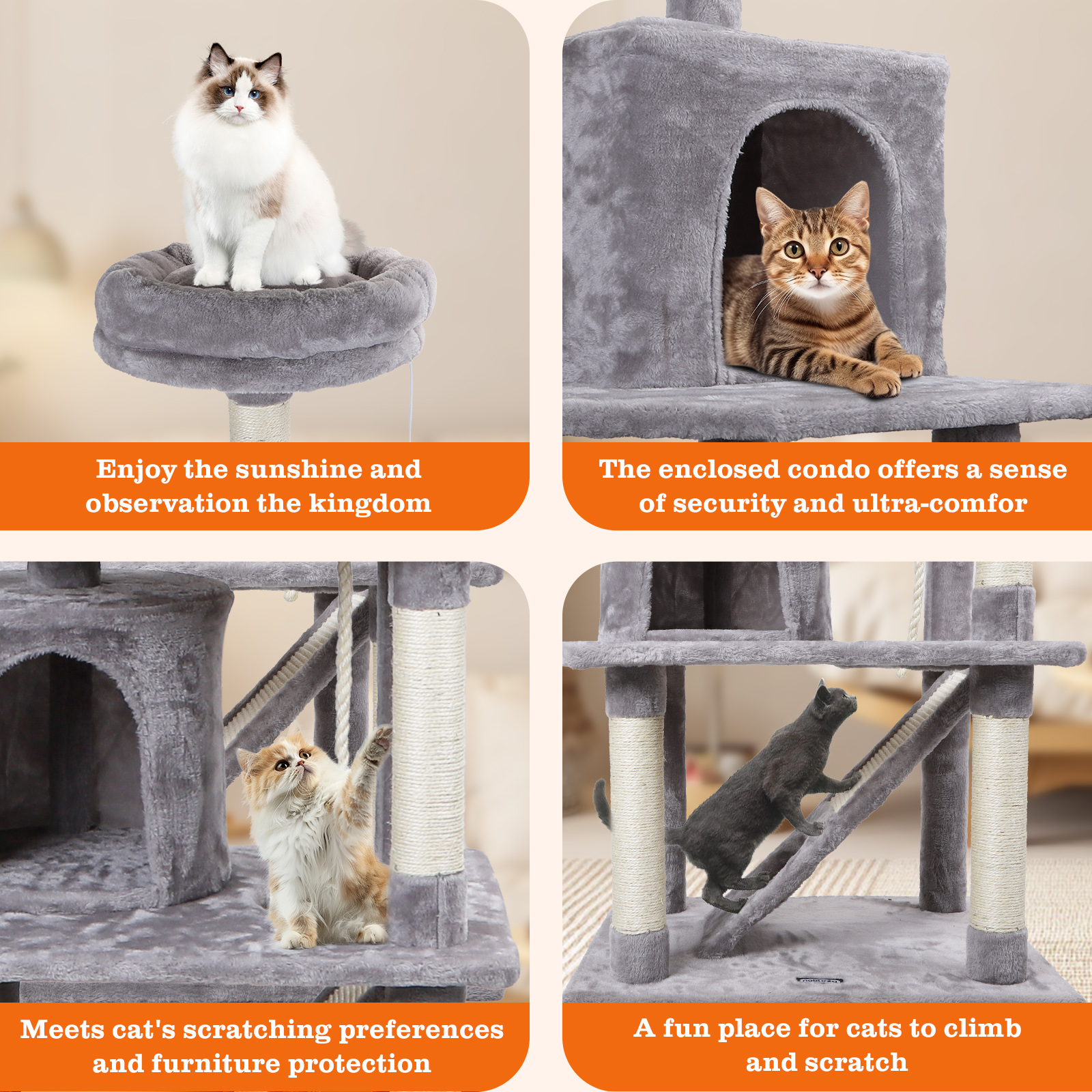 Árbol para gatos con cuatro paneles que muestran gatos en los niveles, con descripciones de texto de cada nivel.