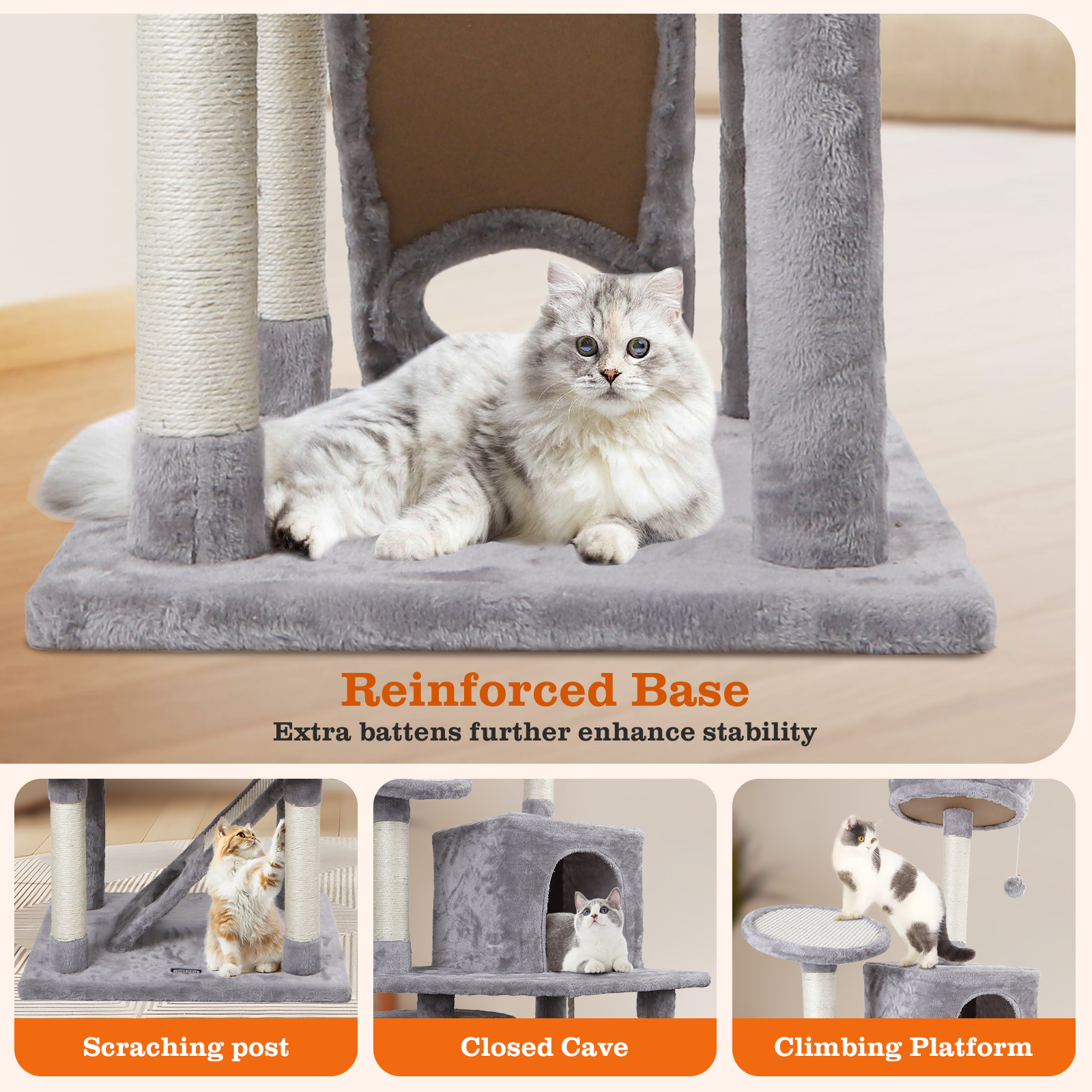 Árbol para gatos con múltiples niveles, postes rascadores y área de juego.
