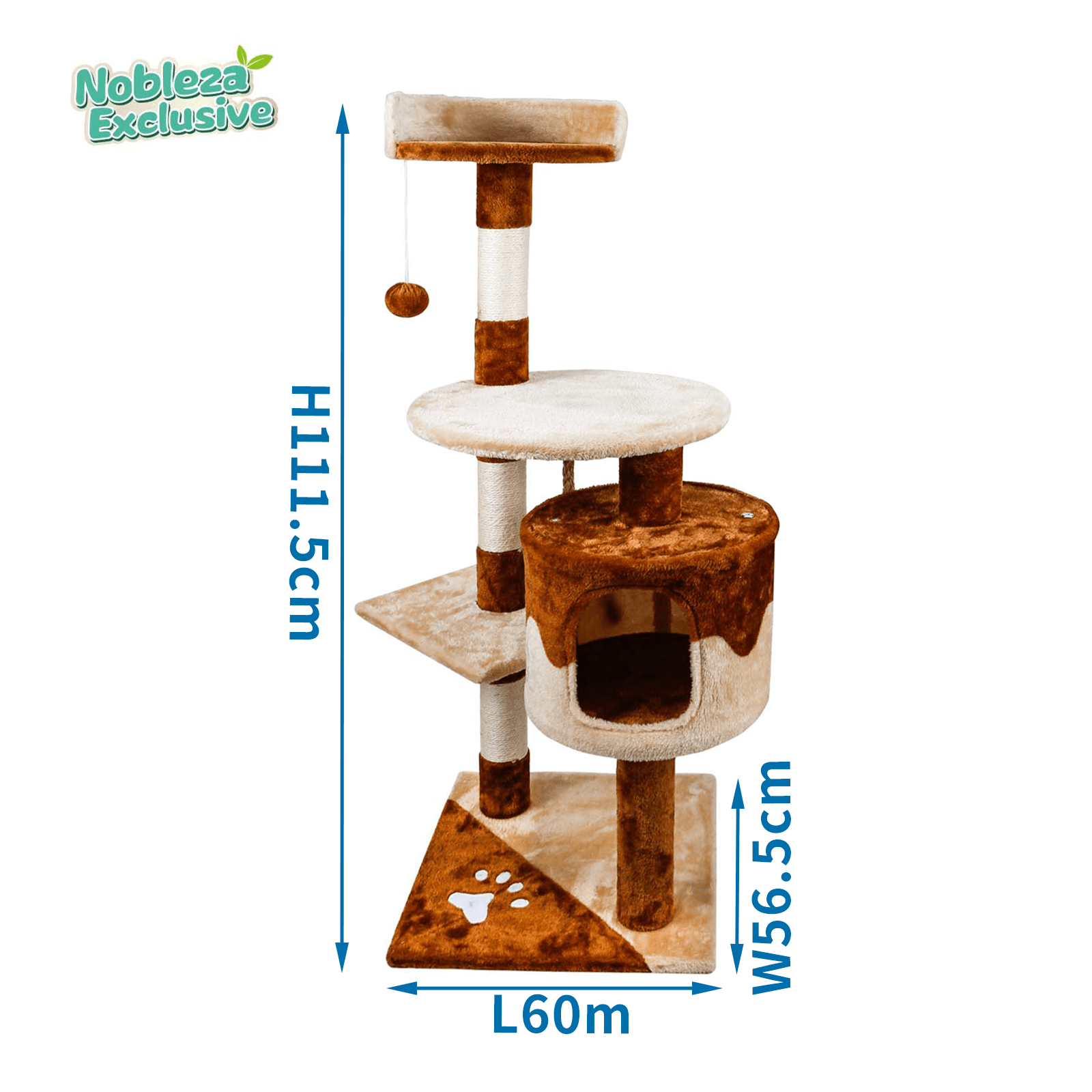 Un árbol para gatos con múltiples niveles. Tiene un rascador, una cama y un juguete colgante.