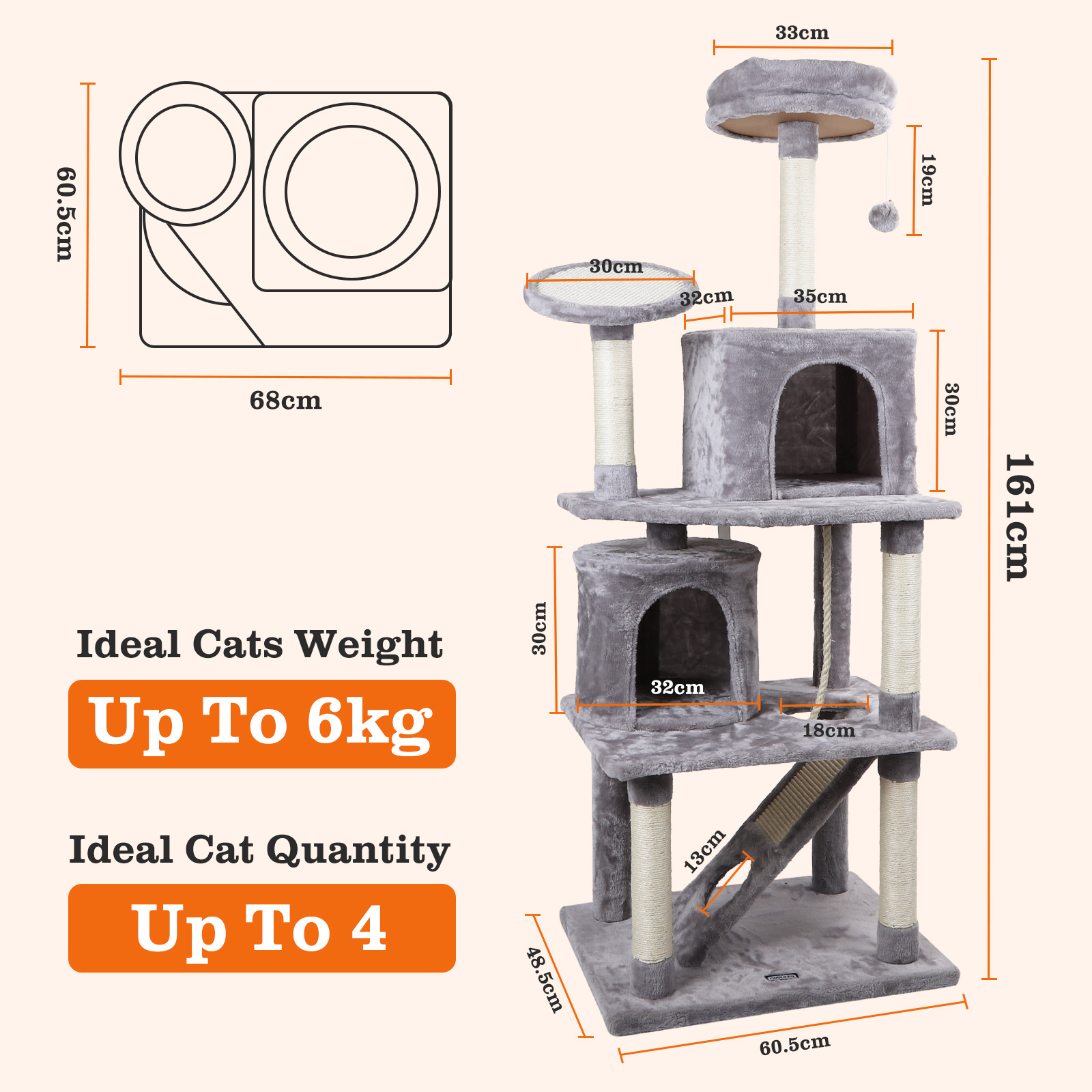 Árbol para gatos con medidas. Incluye varios niveles, postes para rascar y una percha superior.