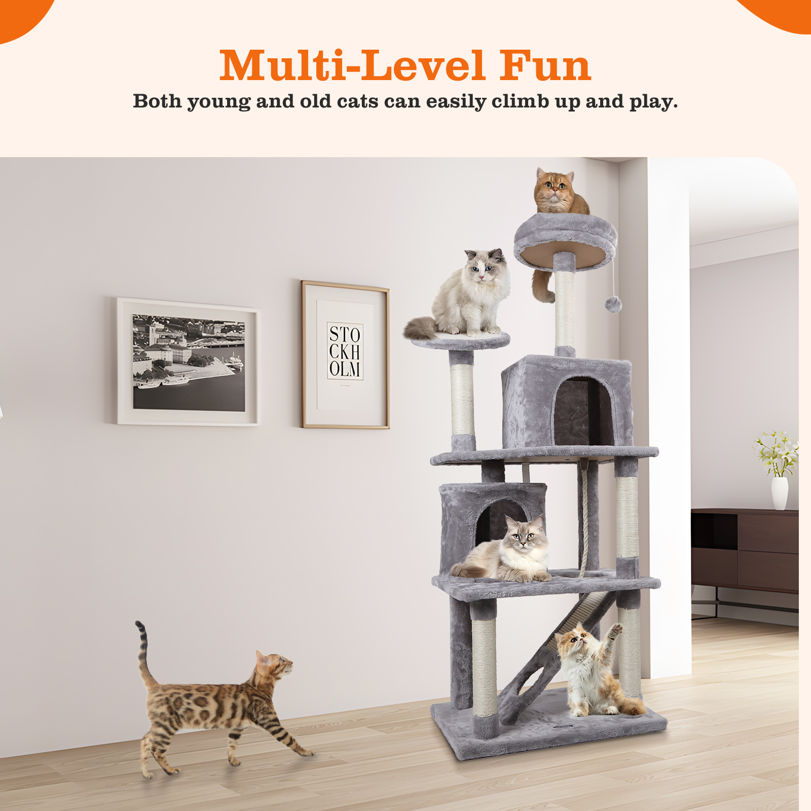 Un árbol para gatos de varios niveles con gatos. Los gatos trepan y juegan en diferentes niveles con rascadores.