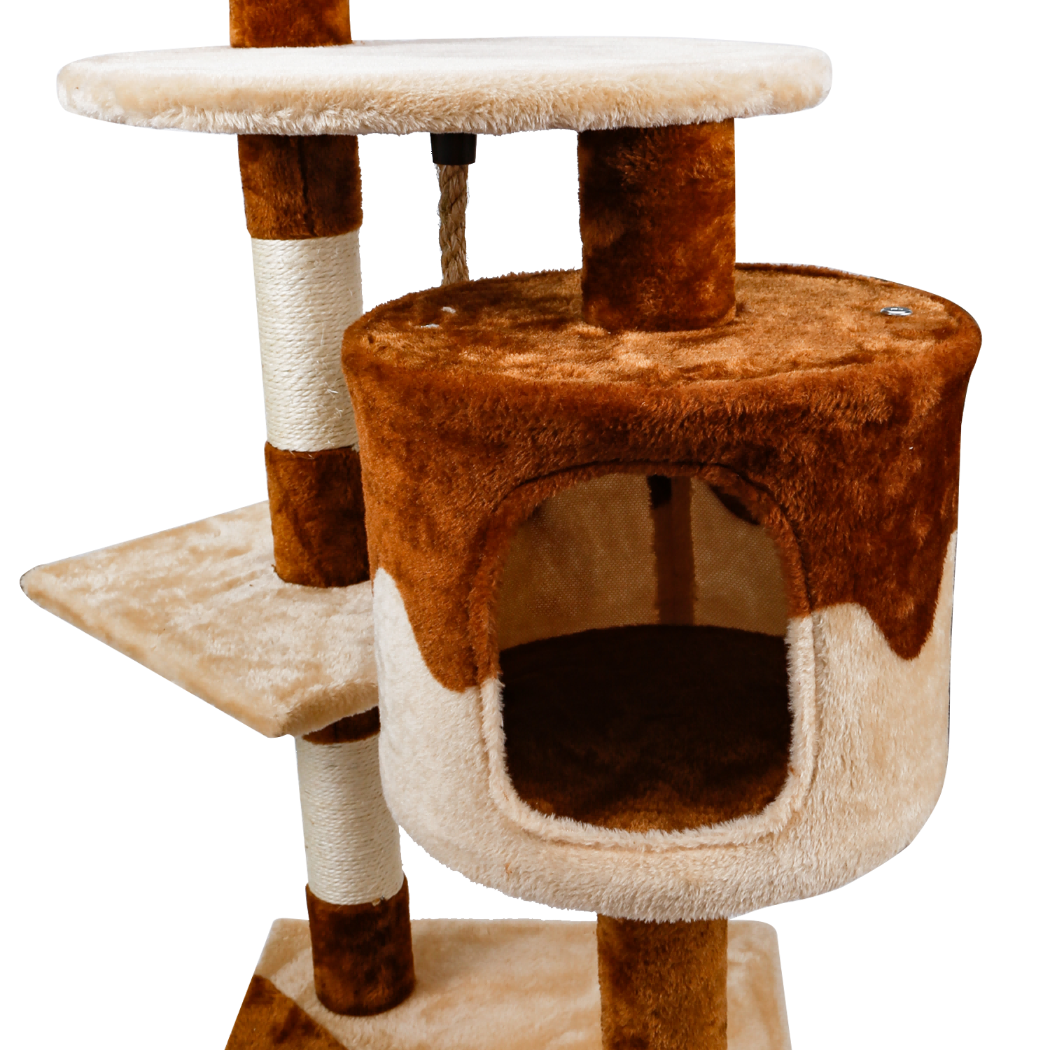 Árbol para gatos con múltiples niveles. Colores marrón y beige. Fondo neutral.