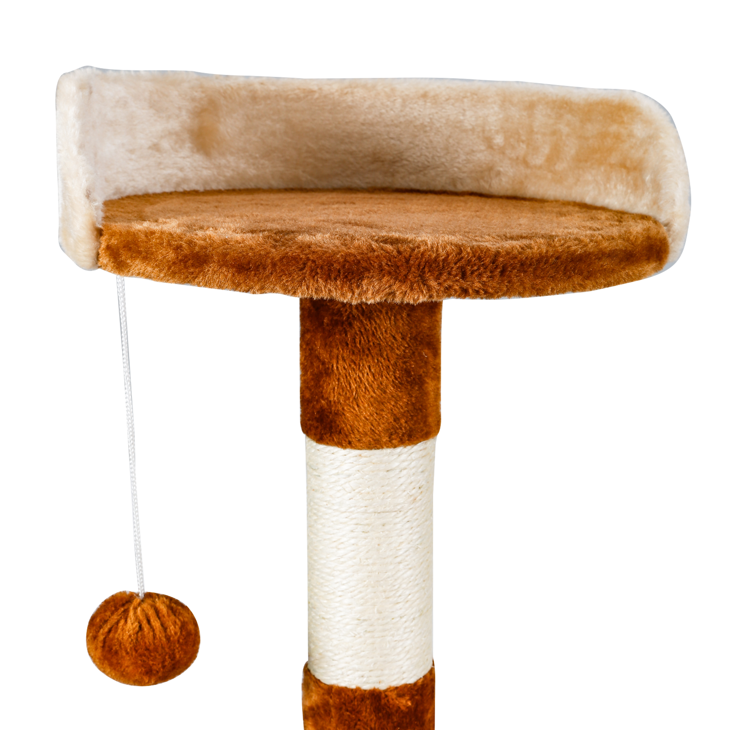 Árbol para gatos con tonos beige y marrón, una cama superior y una bola colgante.