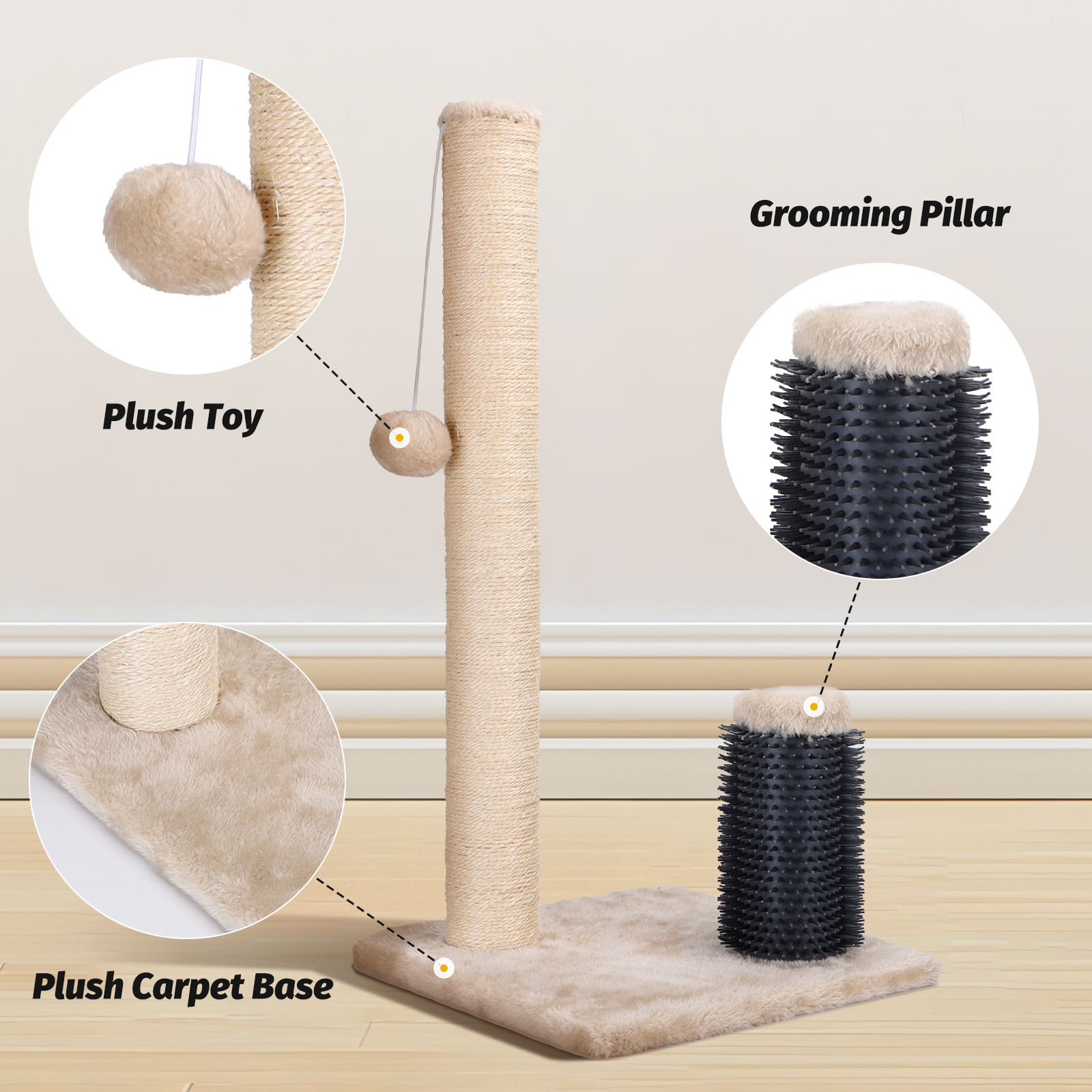 Rascador para gatos con base de alfombra afelpada y un pilar de aseo. Incluye juguete de peluche y sisal.