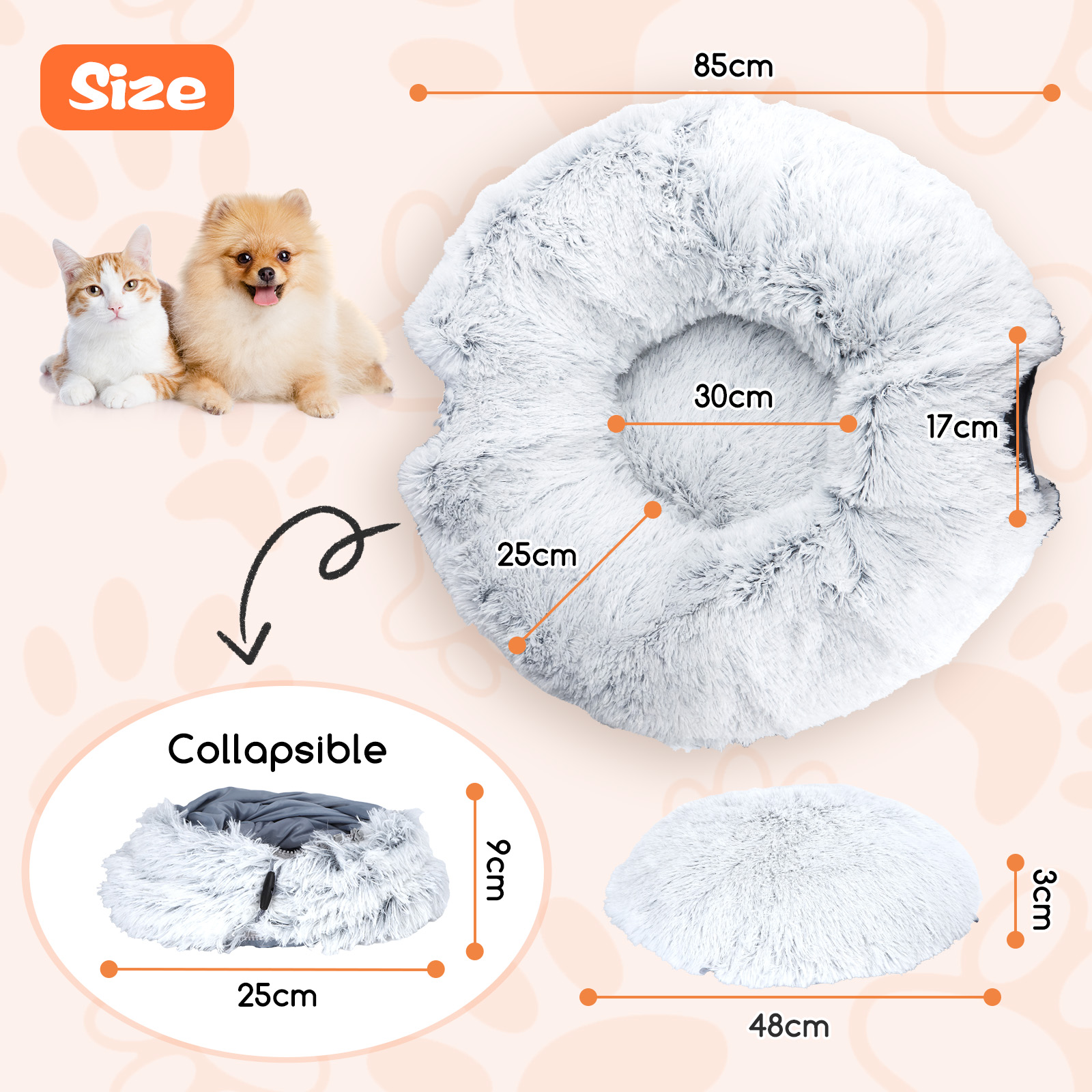 Una cama para mascotas esponjosa con dimensiones. Se muestran dos mascotas, un gato y un perro, junto a la cama.