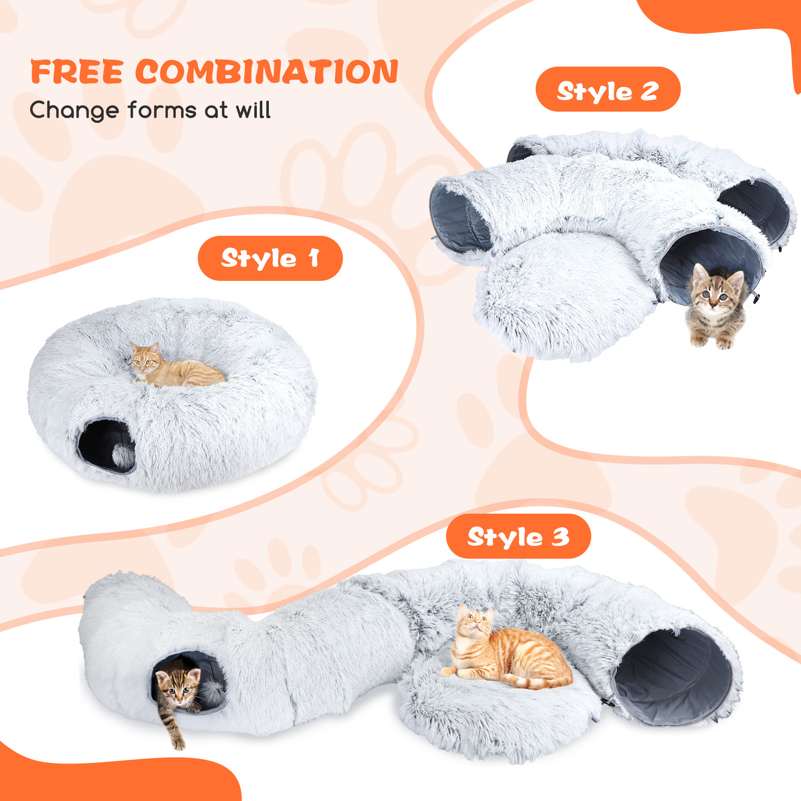 Camas y túneles grises para gatos en tres estilos. Cada estilo muestra un gato dentro o encima.