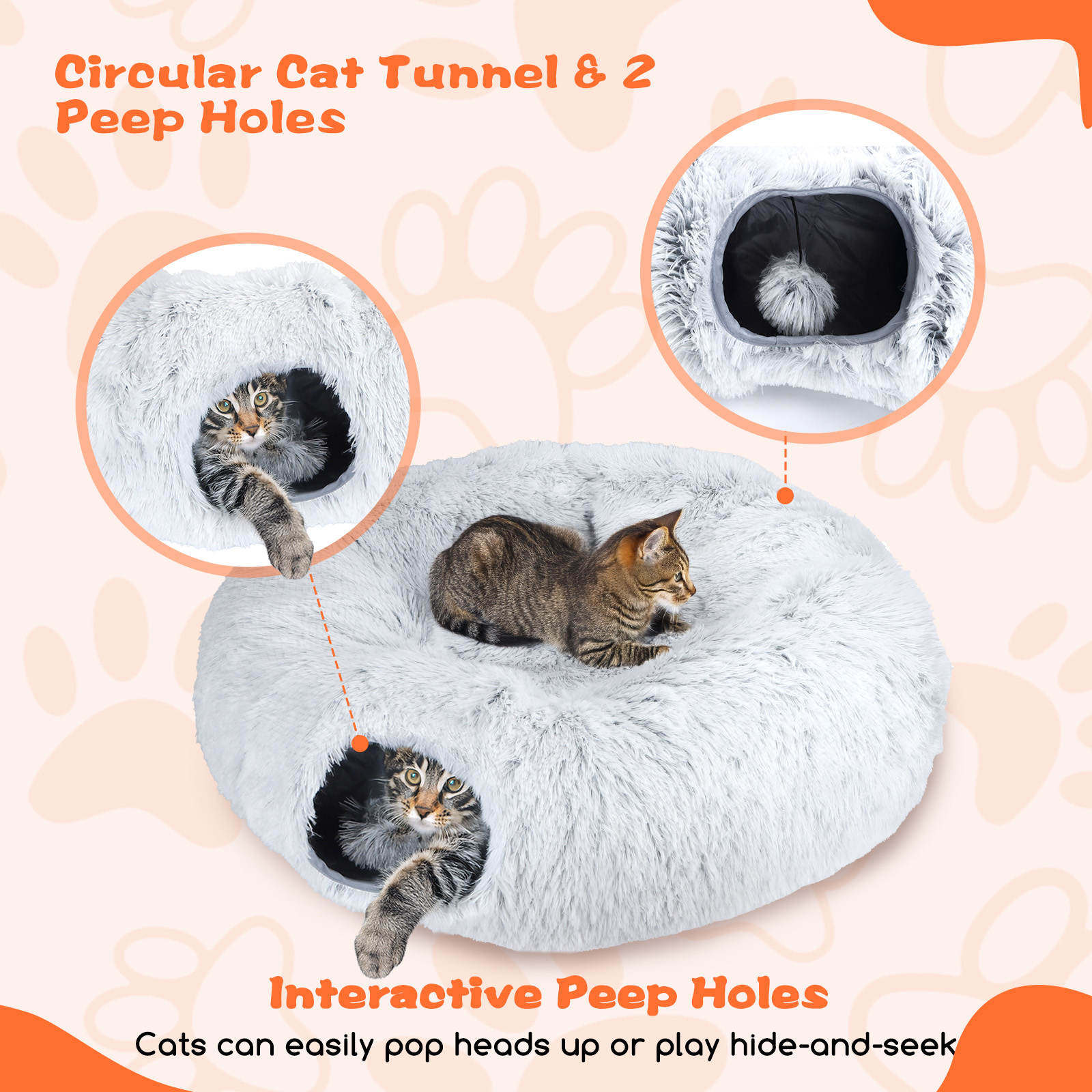 Cama para gatos con dos agujeros. Dos gatos jugando, sacando la cabeza por los agujeros.