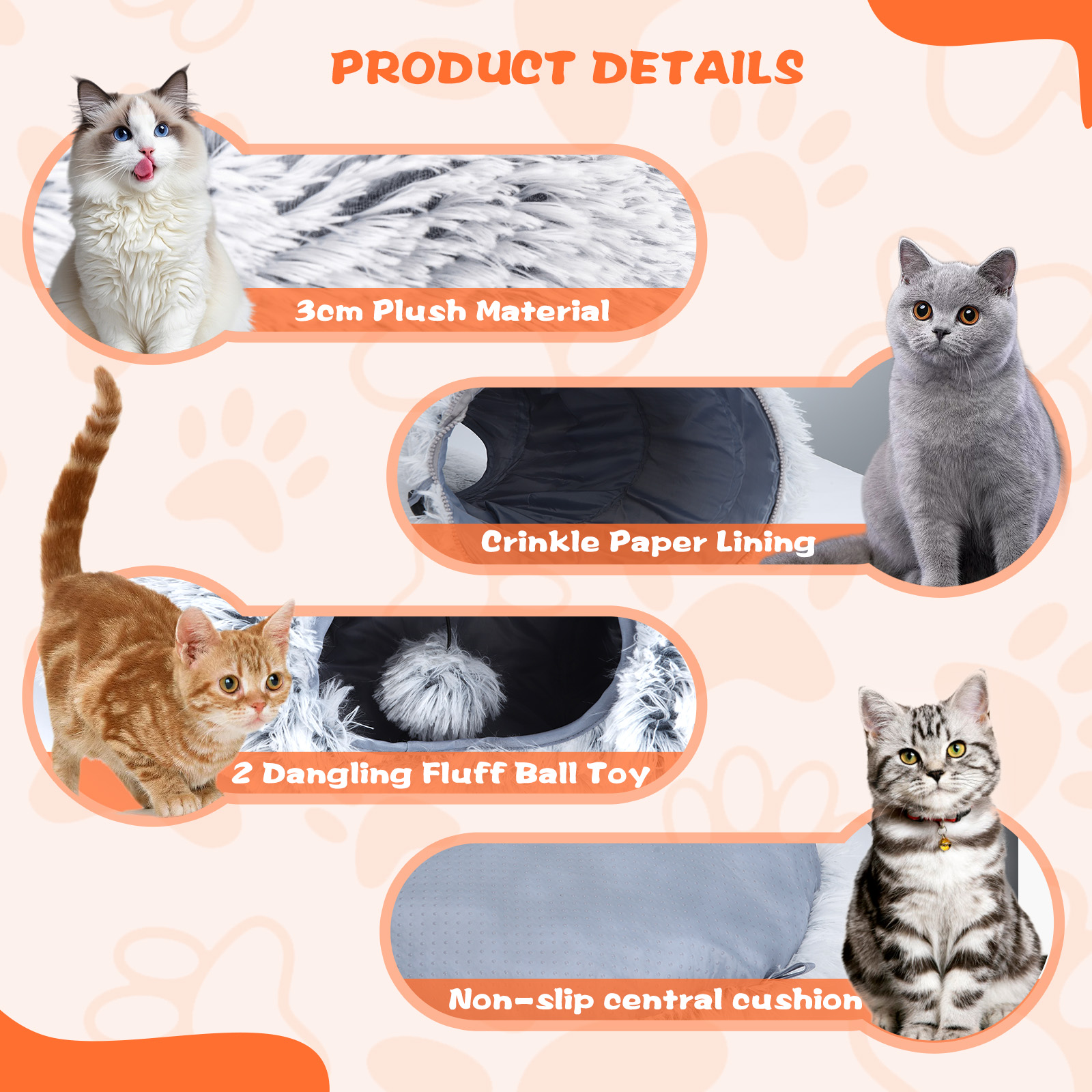 Collage de detalles del producto cama para gatos. Incluye material esponjoso, papel arrugado, juguetes colgantes y un cojín.