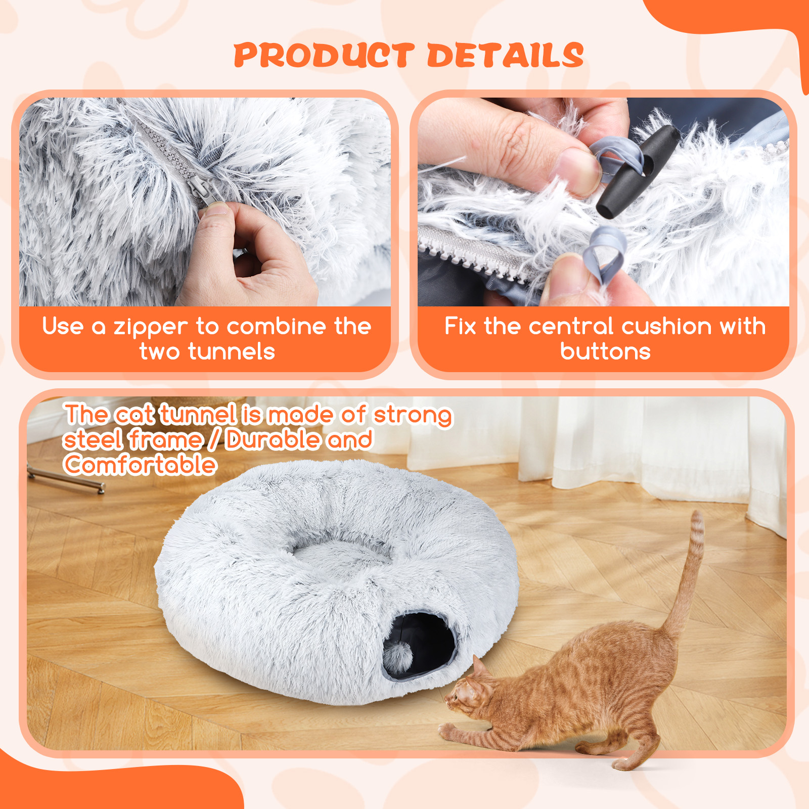 Primer plano de túnel para gatos con detalles de cremalleras, botones y gato estirándose.