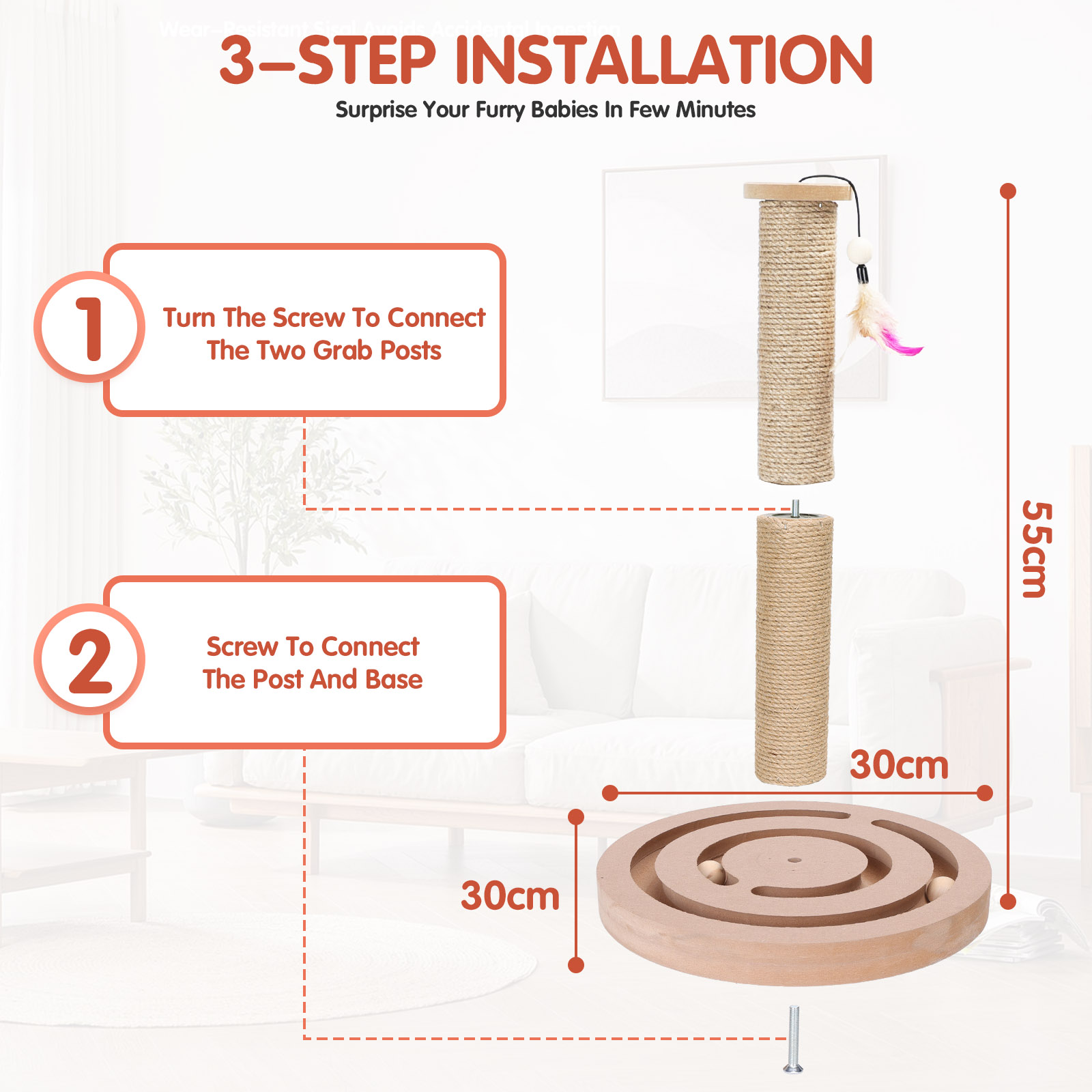 Un rascador para gatos con instrucciones de instalación en 3 pasos.