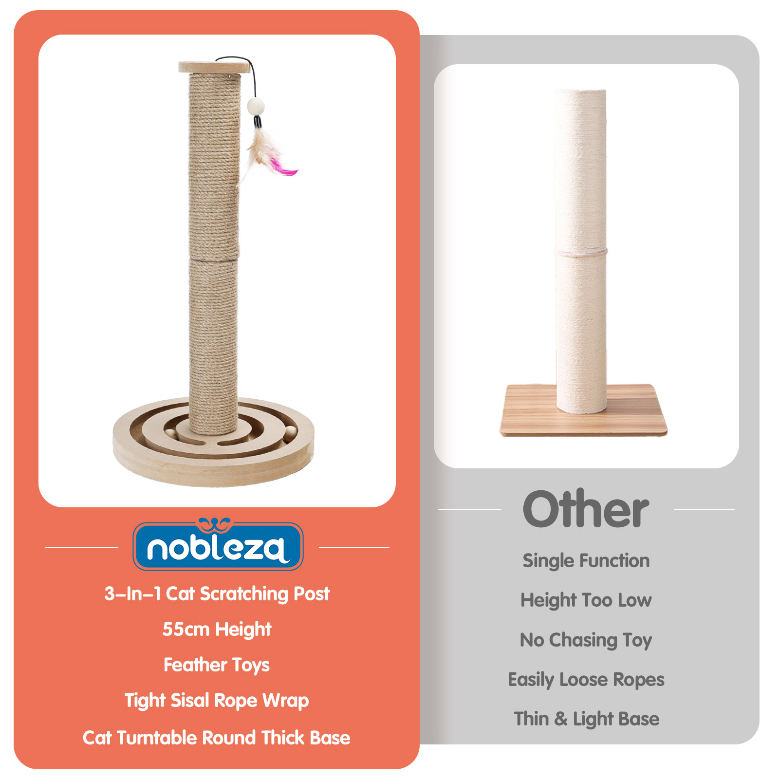 Rascador para gatos con envoltura de cuerda de sisal, un juguete de plumas y base redonda.