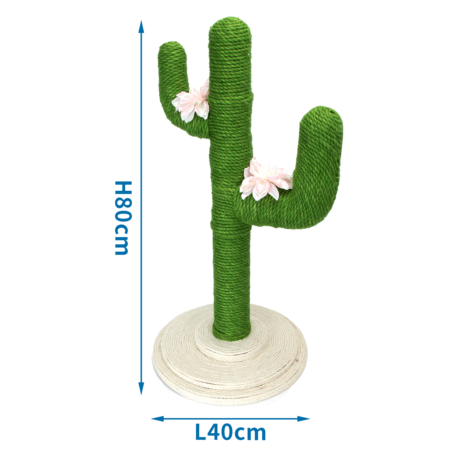 Un rascador para gatos con forma de cactus con flores rosas, sobre un fondo blanco.