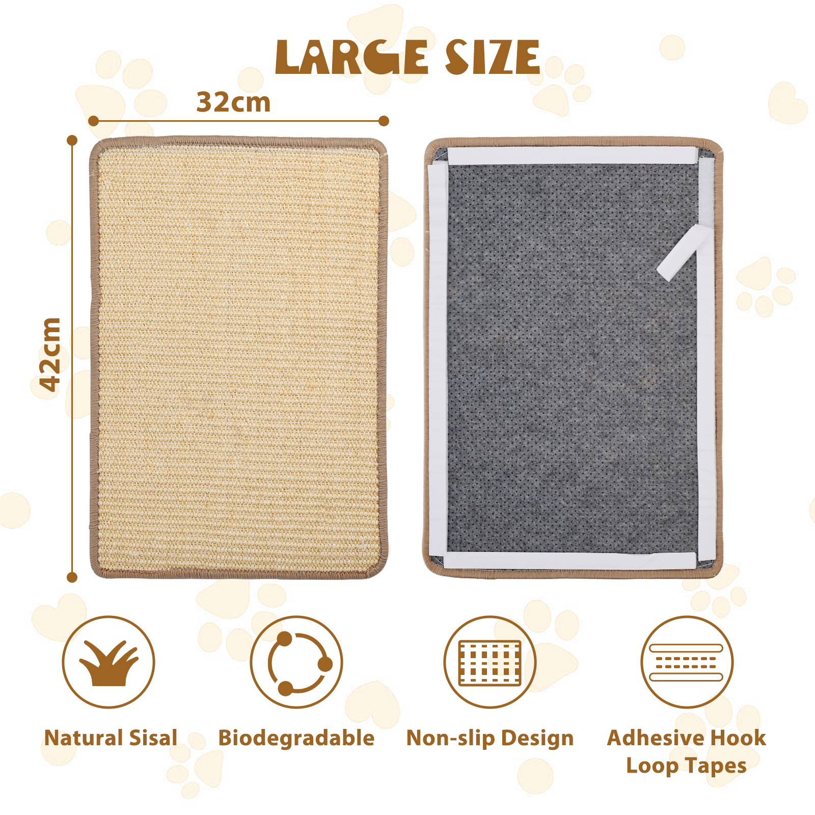 Parte delantera y trasera de una esterilla rascadora rectangular para gatos, con dimensiones y características etiquetadas.