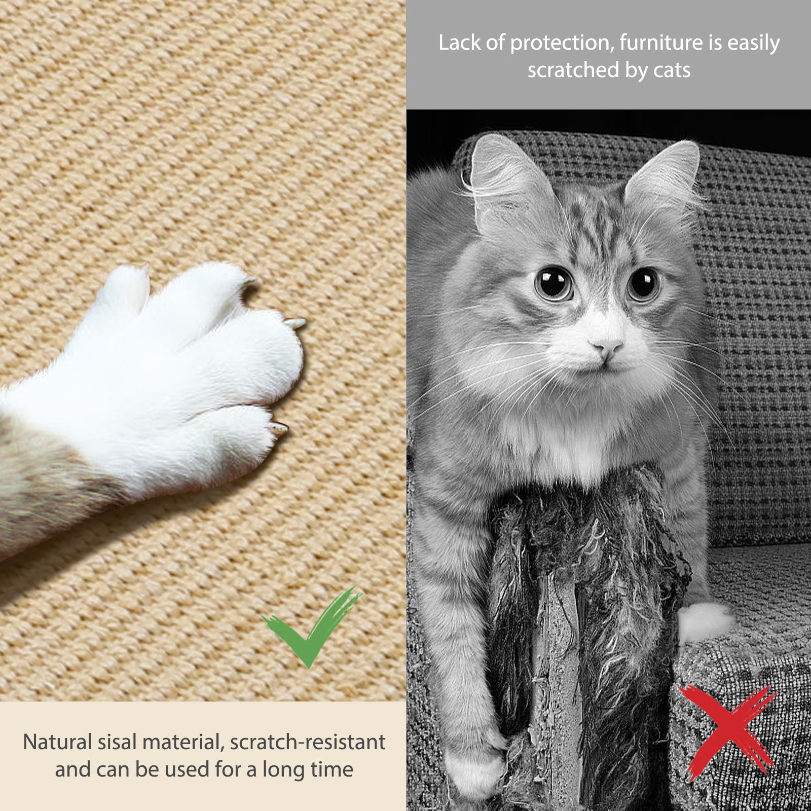 Pata de gato en rascador de sisal, marca de verificación verde y gato en sofá, X roja.