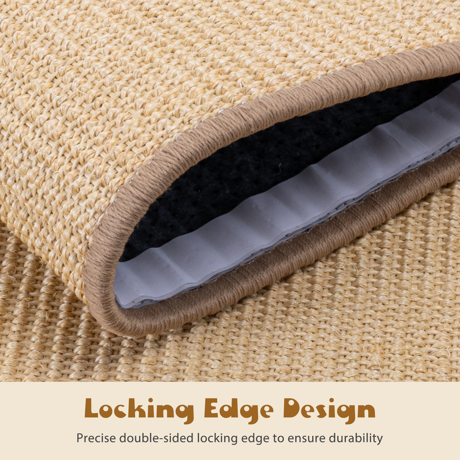 Primer plano de un rascador para gatos, beige con borde marrón y borde gris.