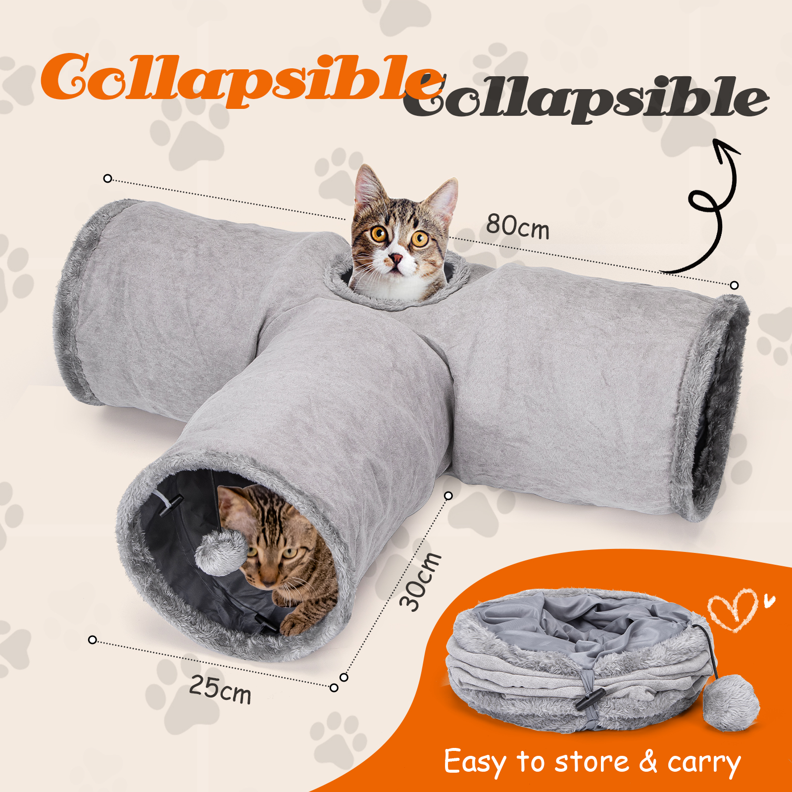 Dos gatos en un túnel gris plegable, con dimensiones y una cama separada.