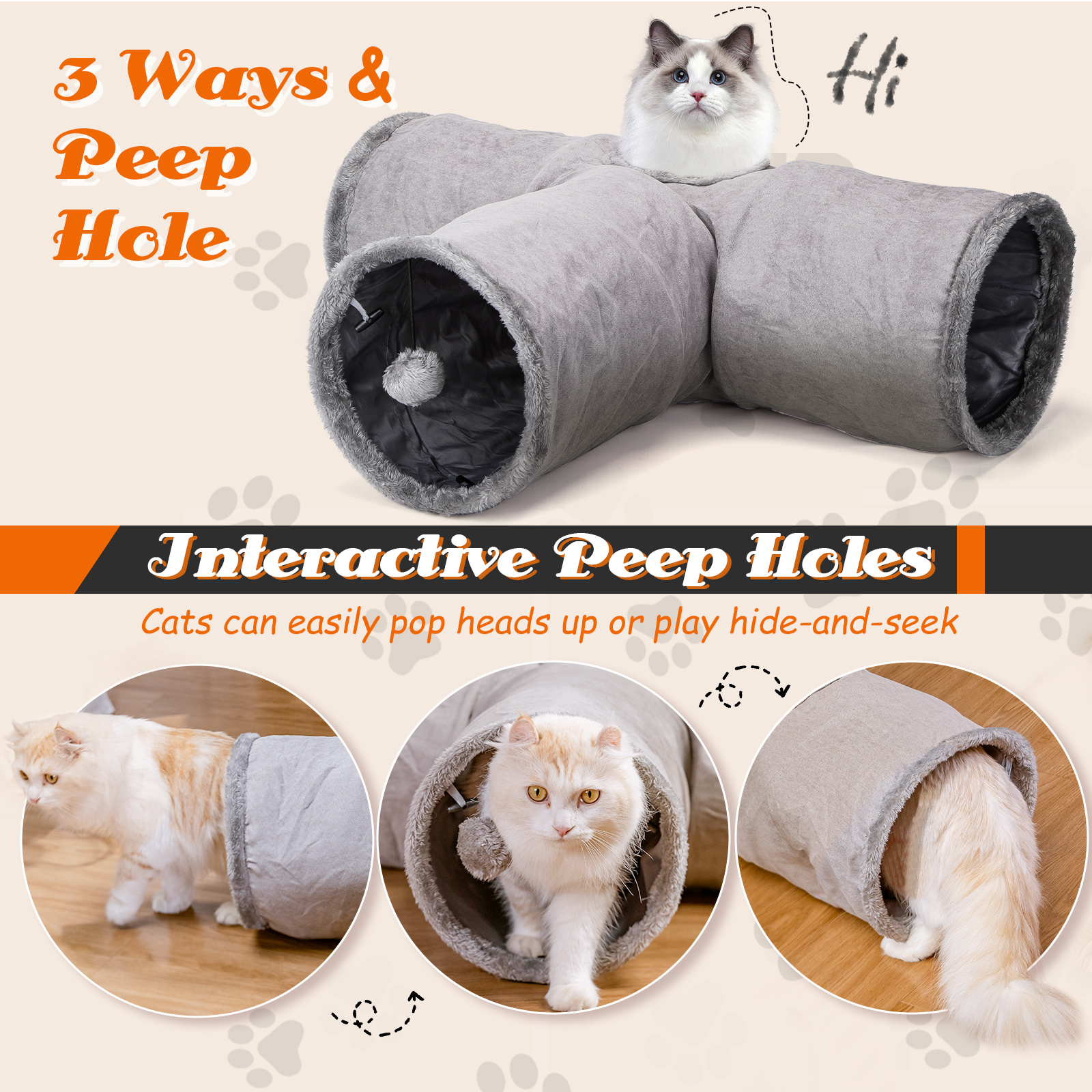 Túnel para gatos, tela gris, tres tubos conectados con mirillas e imágenes de gatos jugando dentro.