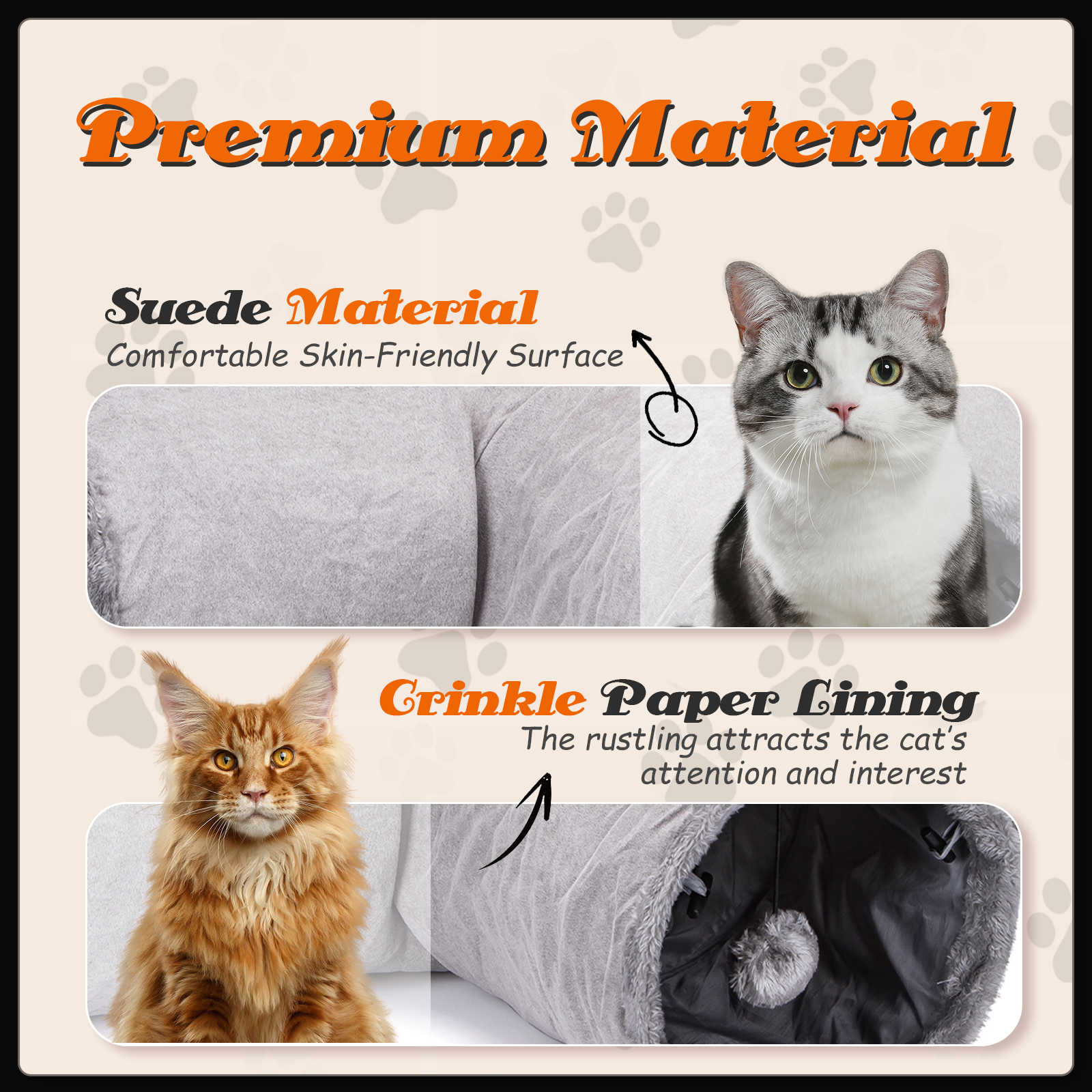 Dos gatos, uno gris, uno naranja, con primeros planos de la tela y la textura de la cama del gato.