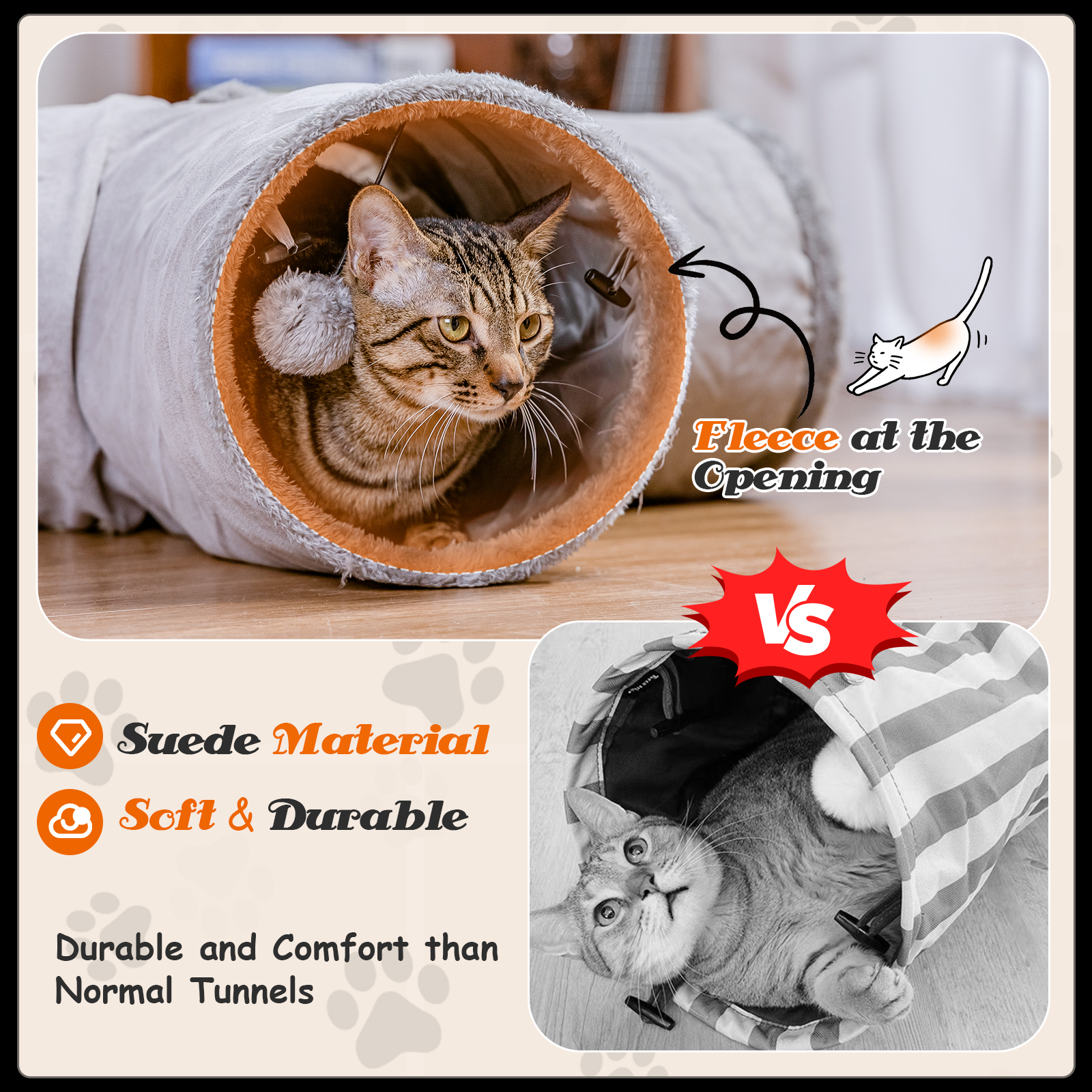 Gato en un túnel, comparando material de gamuza y características suaves y duraderas.