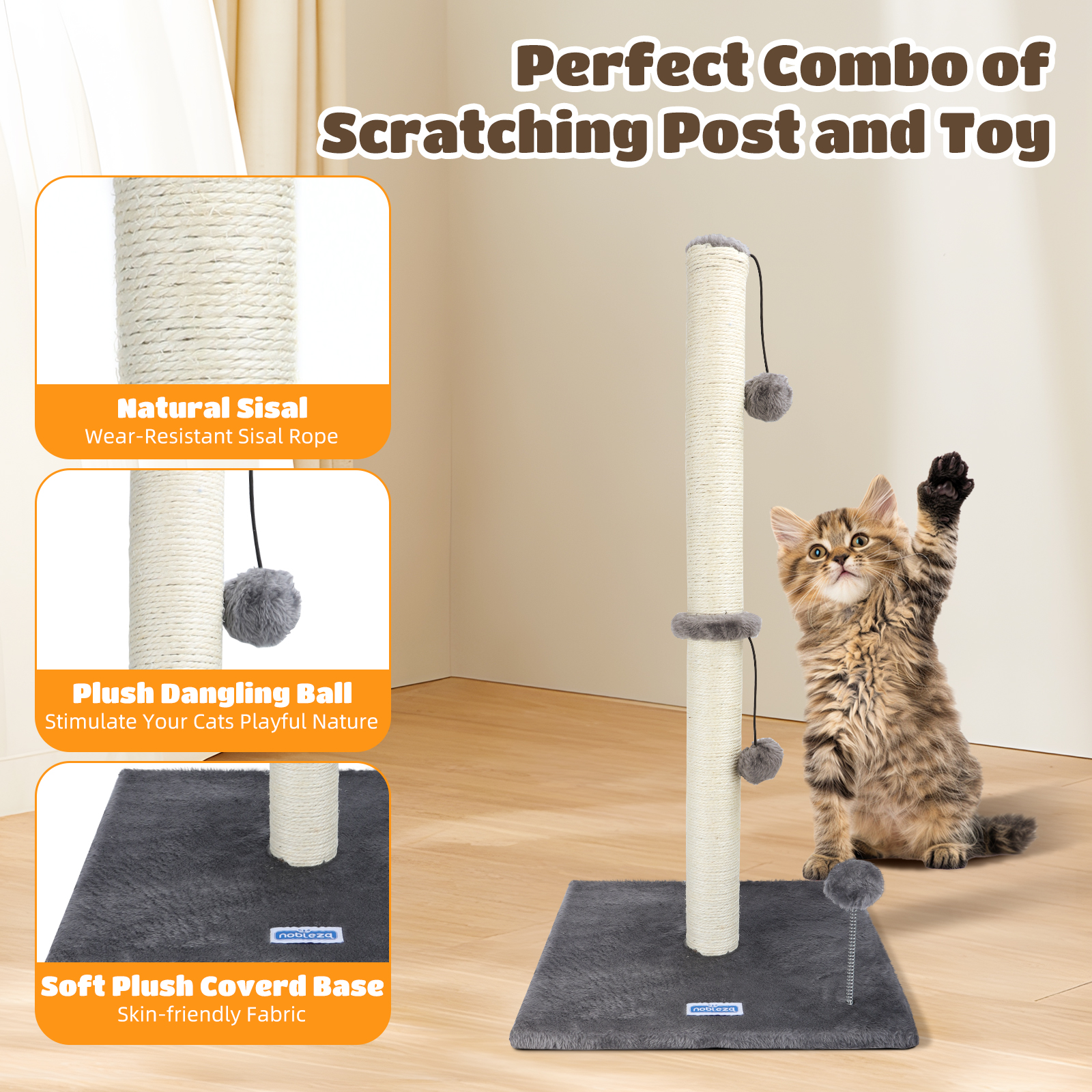 Un gato jugando en un rascador con juguetes colgantes y una base de felpa. Cuenta con sisal natural.