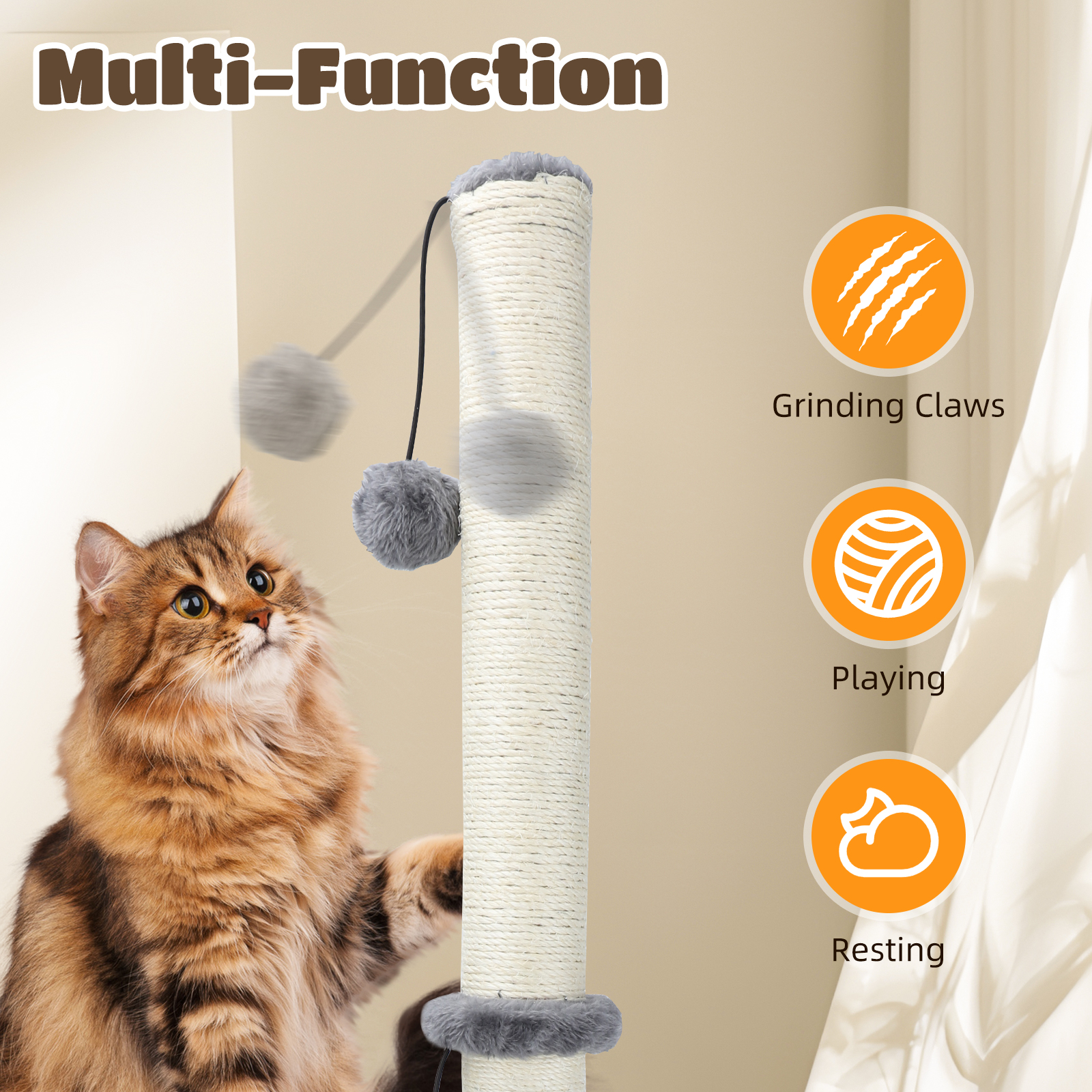 Un gato juega con un árbol para gatos, que tiene un poste rascador, juguetes y áreas para afilar las garras, jugar y descansar.