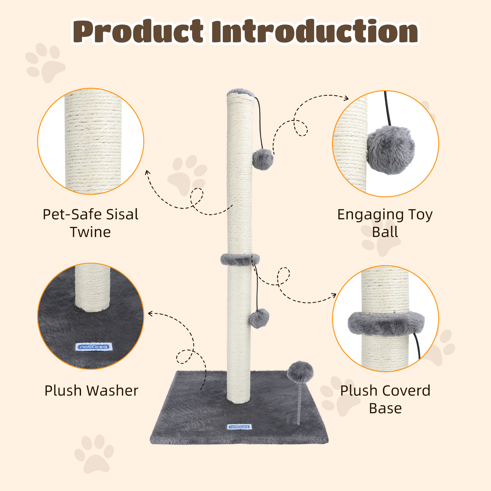 Introducción del producto árbol para gatos con cuerda de sisal, arandela de felpa y base de felpa.