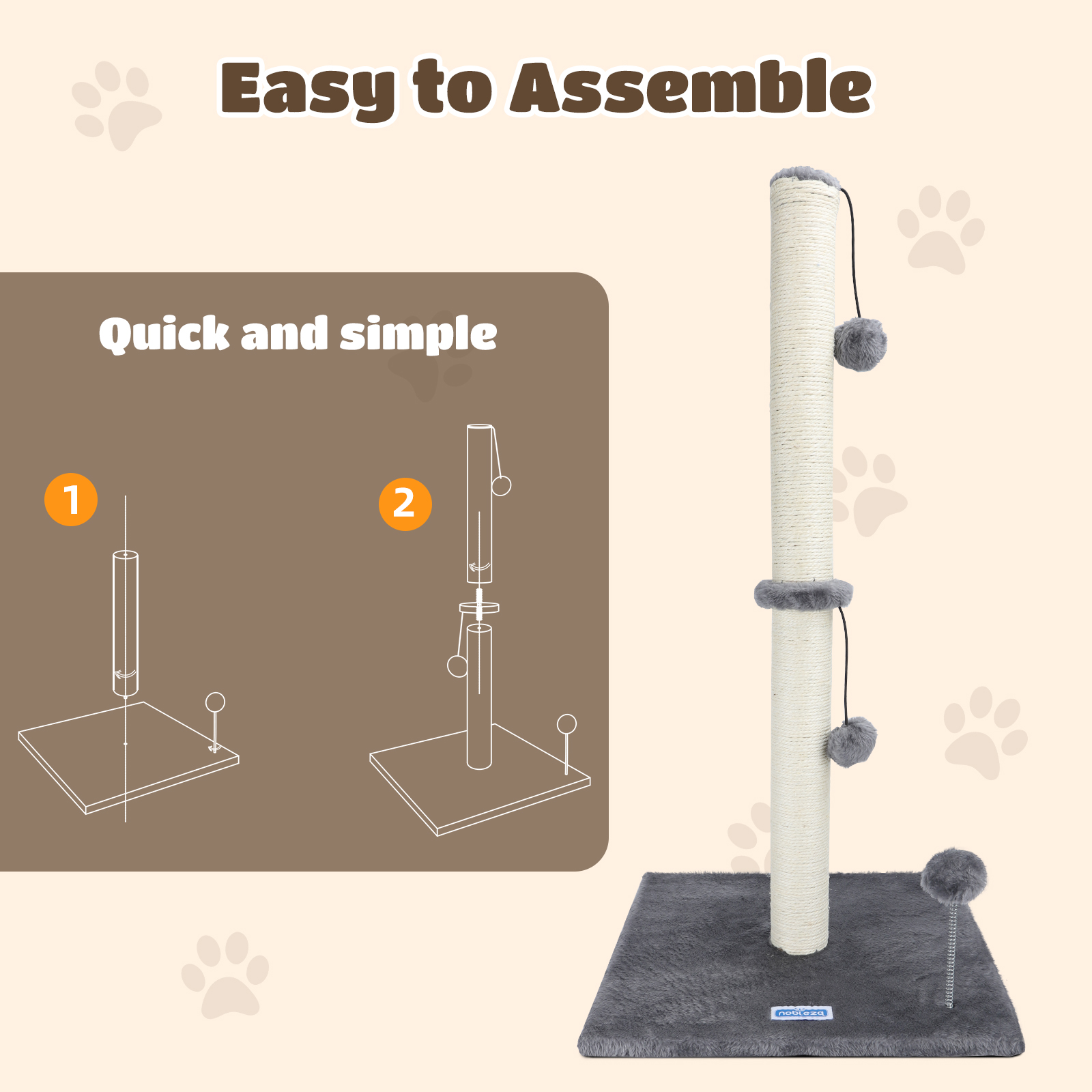 Pasos para ensamblar un árbol para gatos: base, poste y juguetes colgantes.