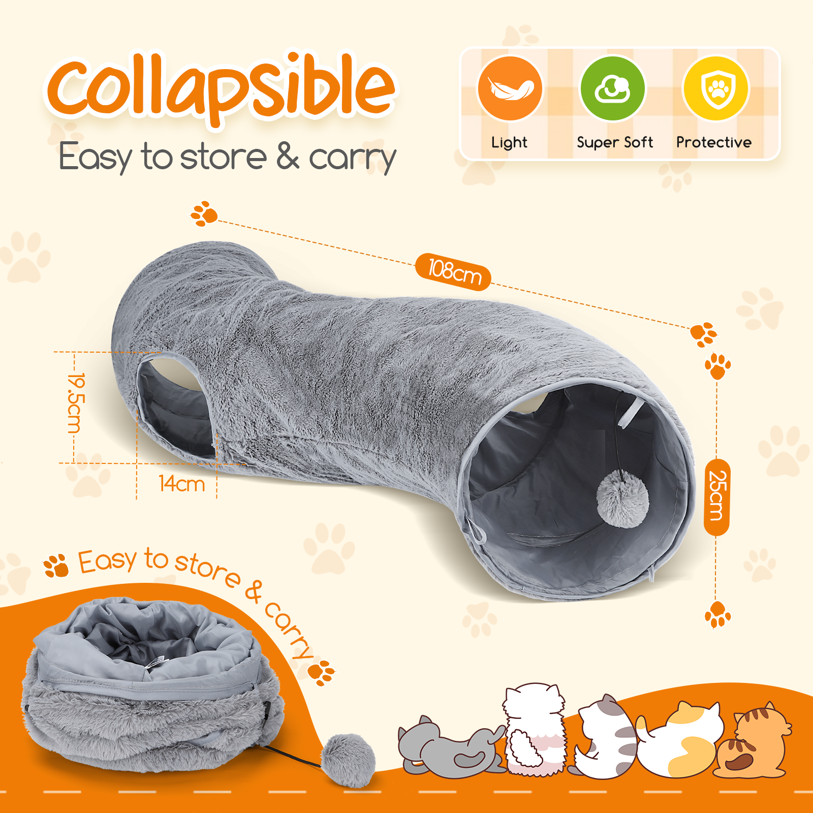 Túnel para gatos gris con dimensiones y huellas. Texto: Plegable, fácil de guardar.