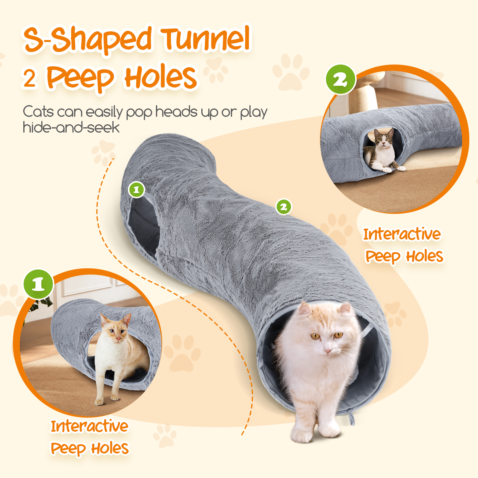 Túnel para gatos gris en forma de S con dos mirillas, y gatos jugando dentro.