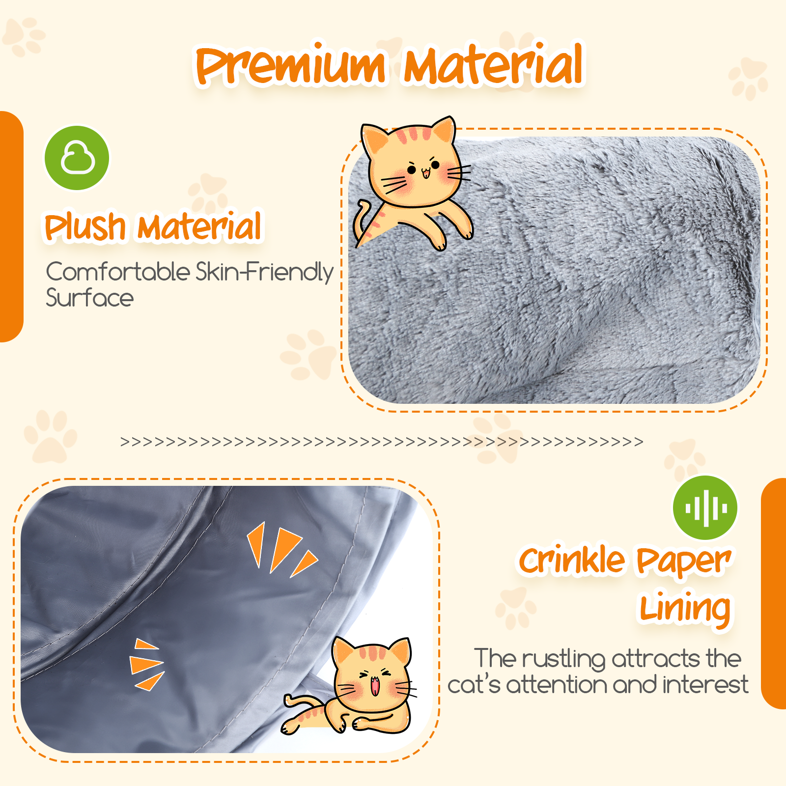 Una ilustración de una cama para gatos, que muestra material de felpa y forro de papel arrugado.