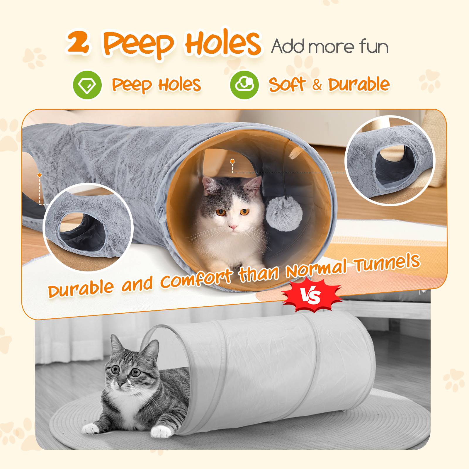 Túnel para gatos con dos mirillas, gato dentro del túnel gris y otro gato afuera.