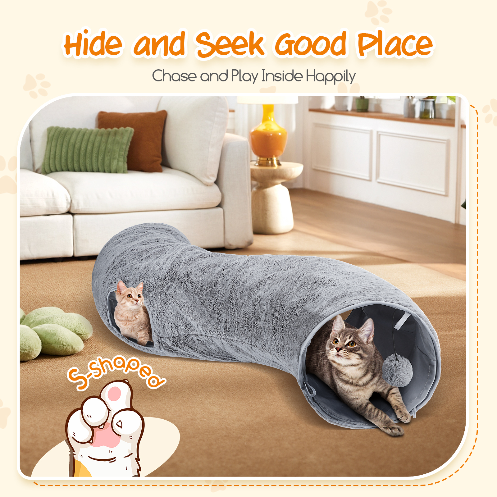 Un túnel para gatos en forma de S con dos gatos dentro. El texto en la imagen es: Hide and Seek Good Place.