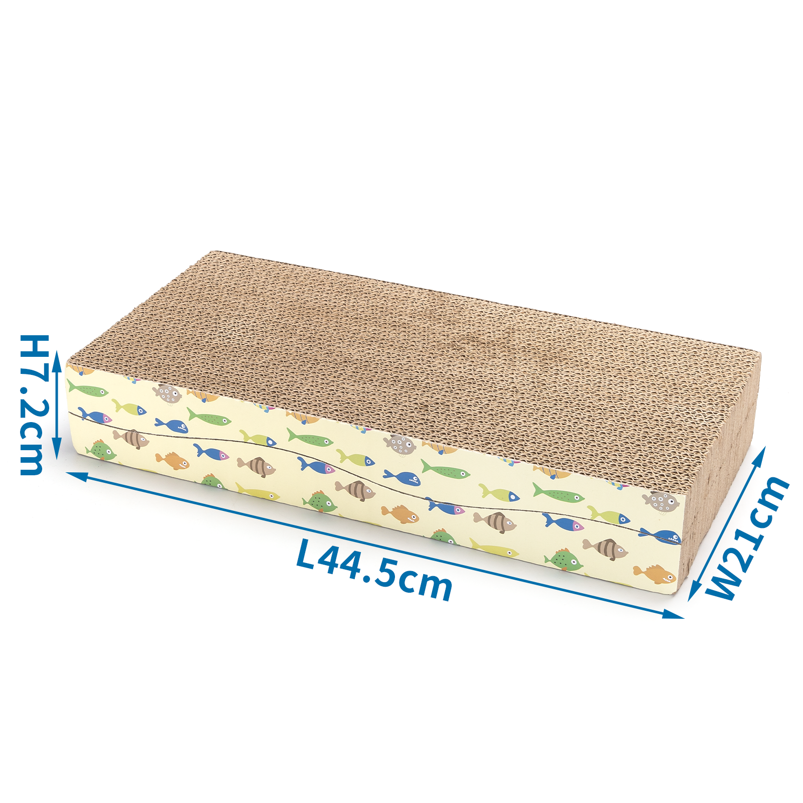 Rascador rectangular para gatos con patrón de peces. Dimensiones: L44.5cm, A21cm, A7.2cm. Cartón.