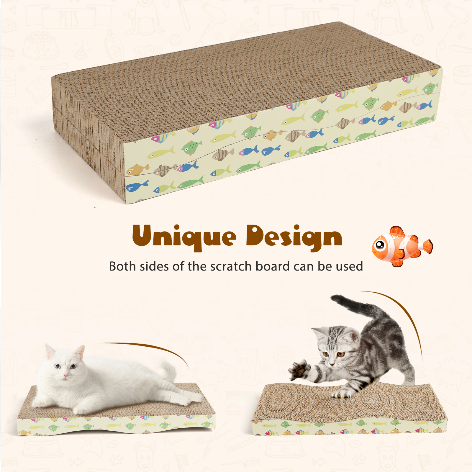 Dos gatos en una tabla de rascar decorada. La imagen presenta diseños de peces y las palabras "Unique Design".
