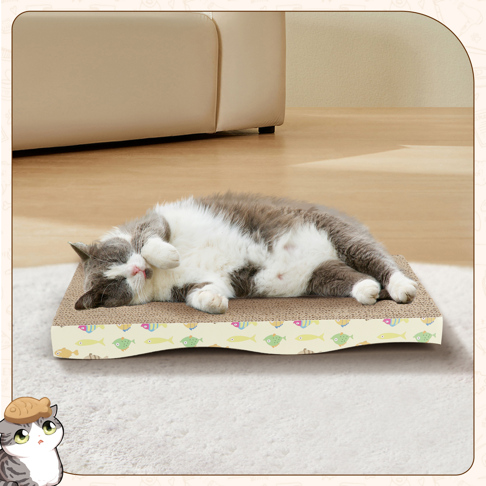 Un gato gris y blanco descansa sobre un rascador para gatos estampado en una alfombra.