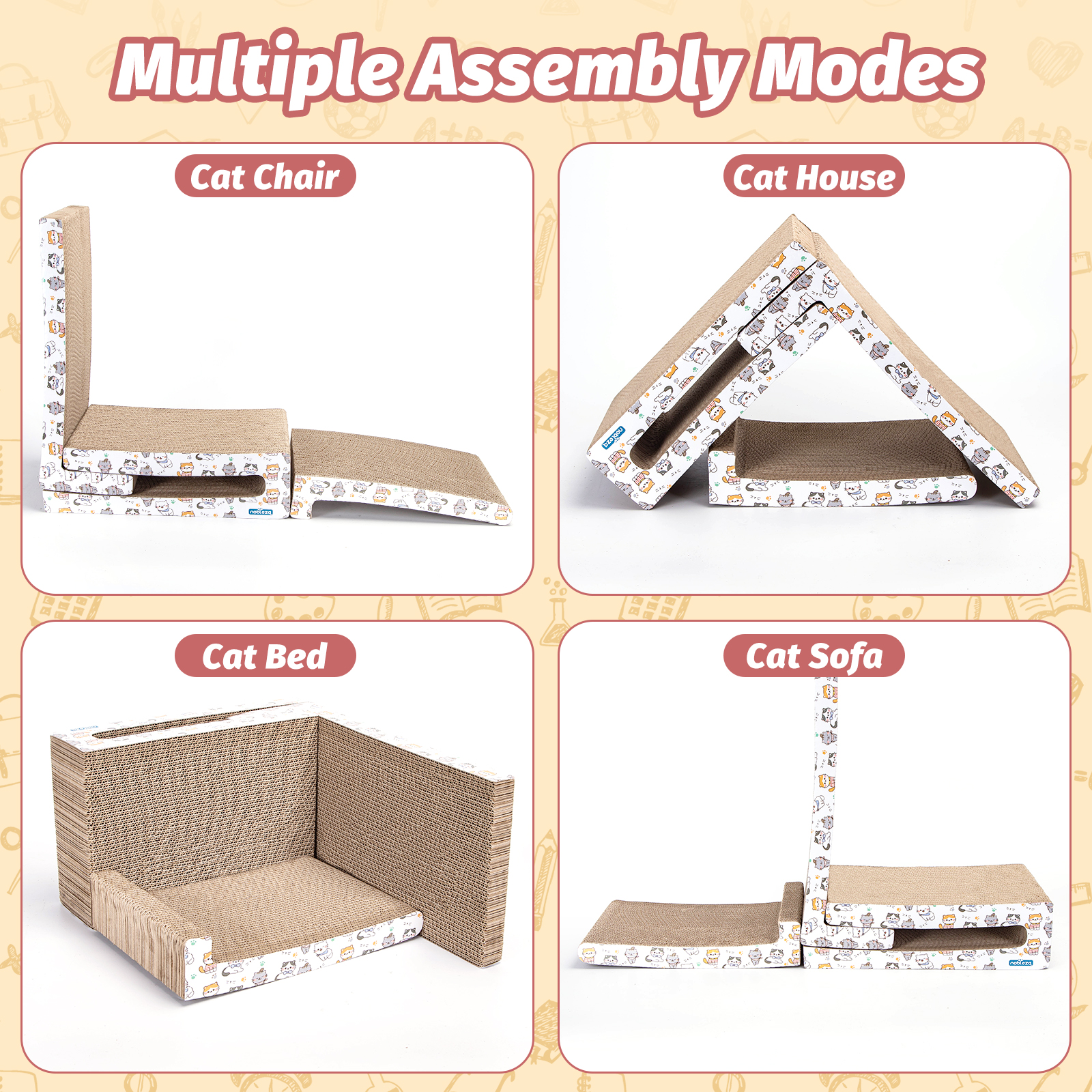 Cuatro rascadores para gatos en diferentes modos de montaje: silla, casa, cama y sofá.