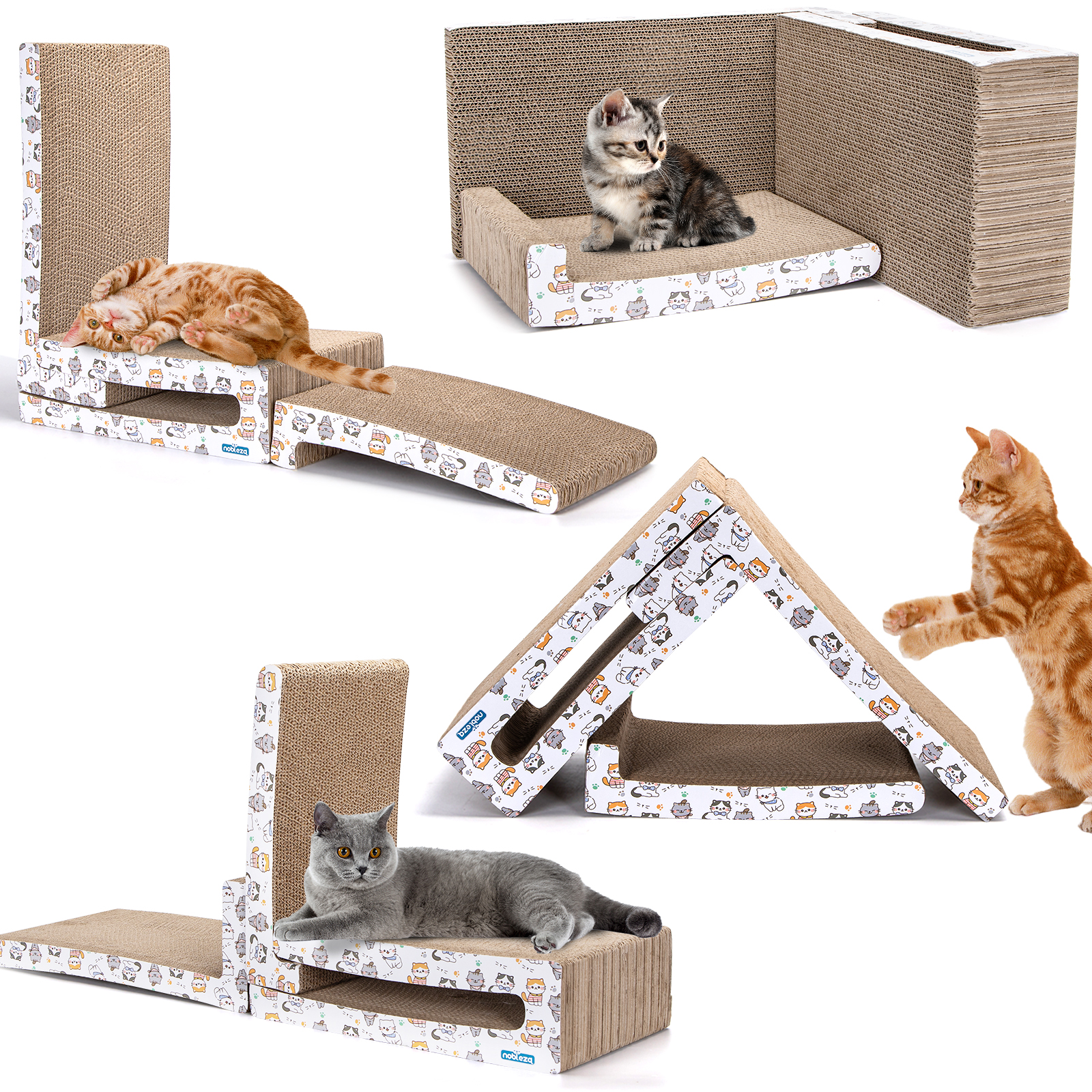 Varios rascadores para gatos en diferentes formas y un gato jugando en ellos.