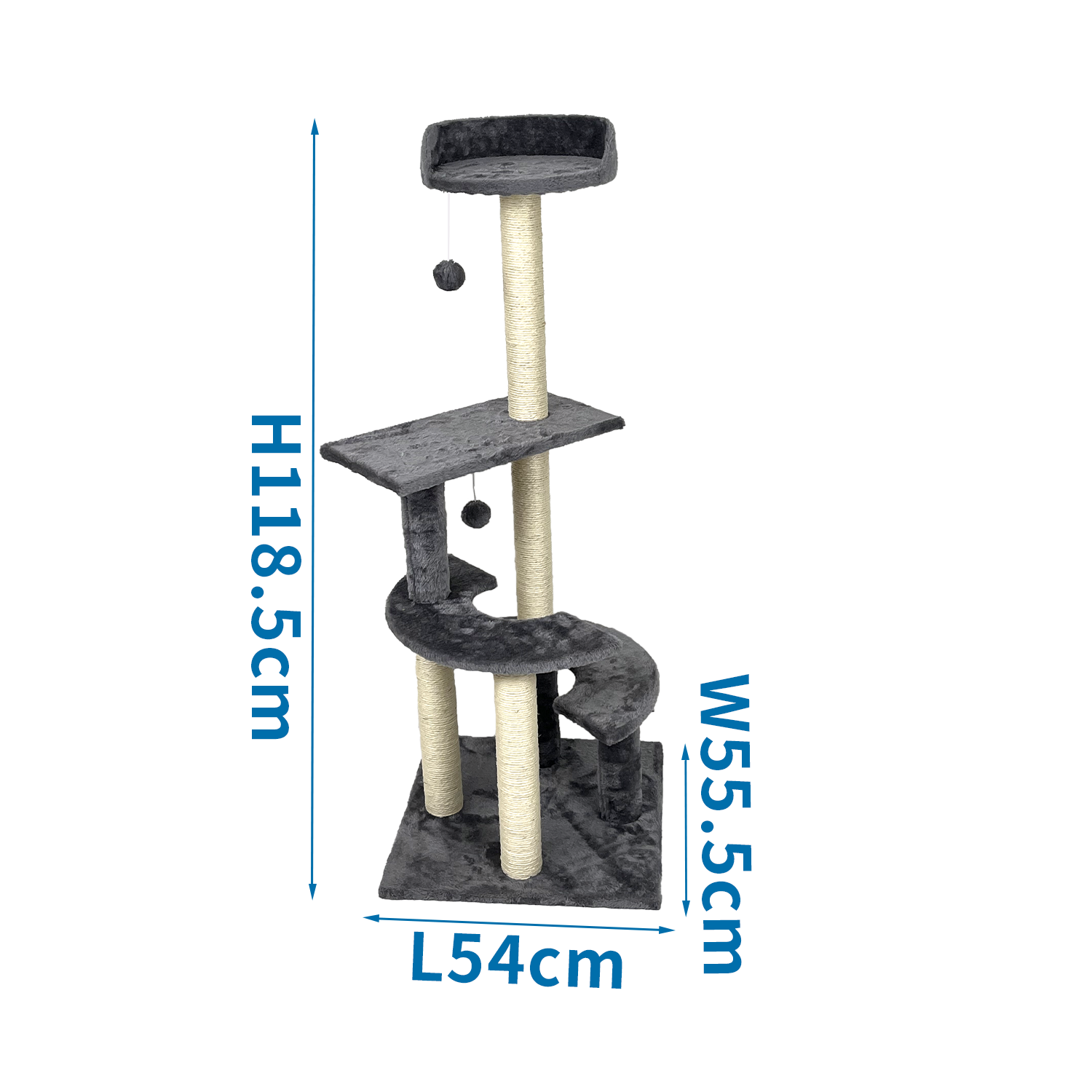 Árbol para gatos con dimensiones: 118,5 cm alto, 54 cm largo, 55,5 cm ancho. Tiene plataformas y postes rascadores.
