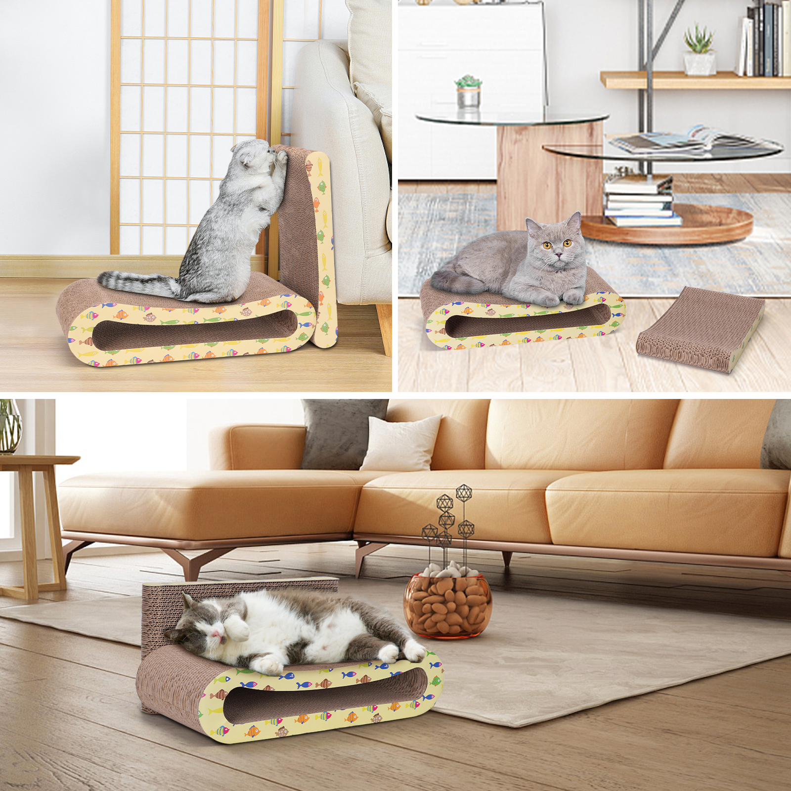 Gatos en muebles para rascar. Un gato está sentado, otro durmiendo. Todo en un entorno moderno.
