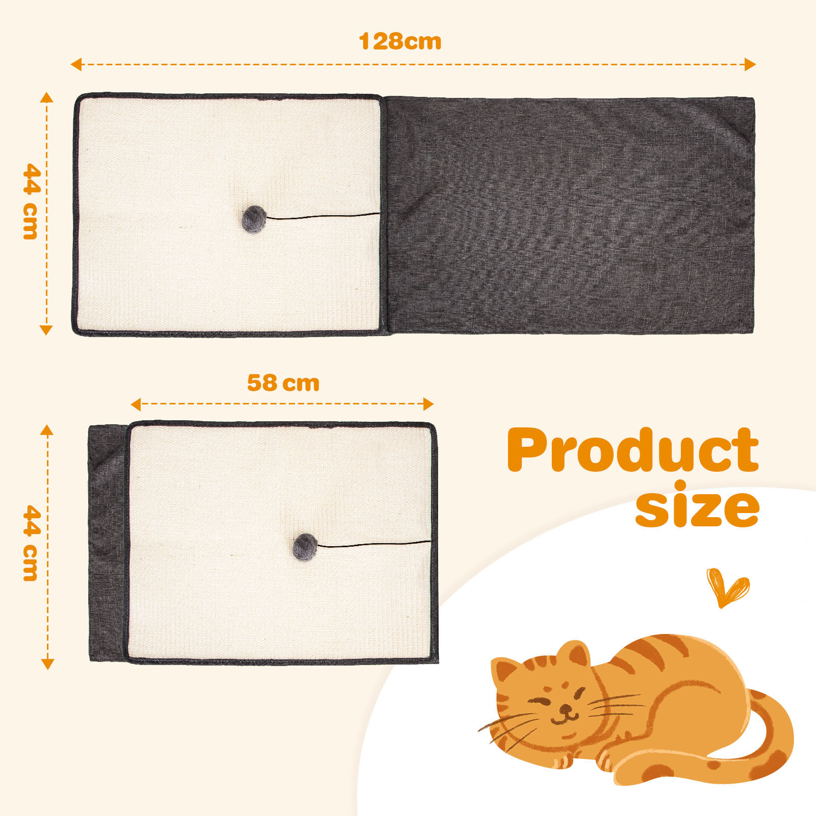 Alfombrilla rascadora para gatos. Muestra dimensiones e ilustración de un gato. El tamaño del producto está escrito.