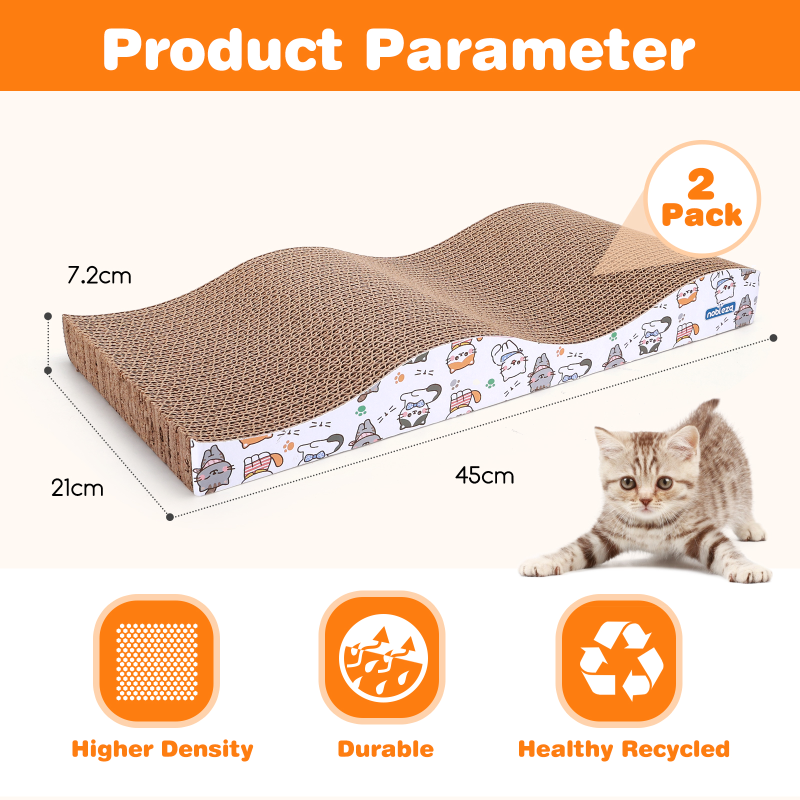 Un juguete rascador para gatos con dimensiones y un gatito estirándose.