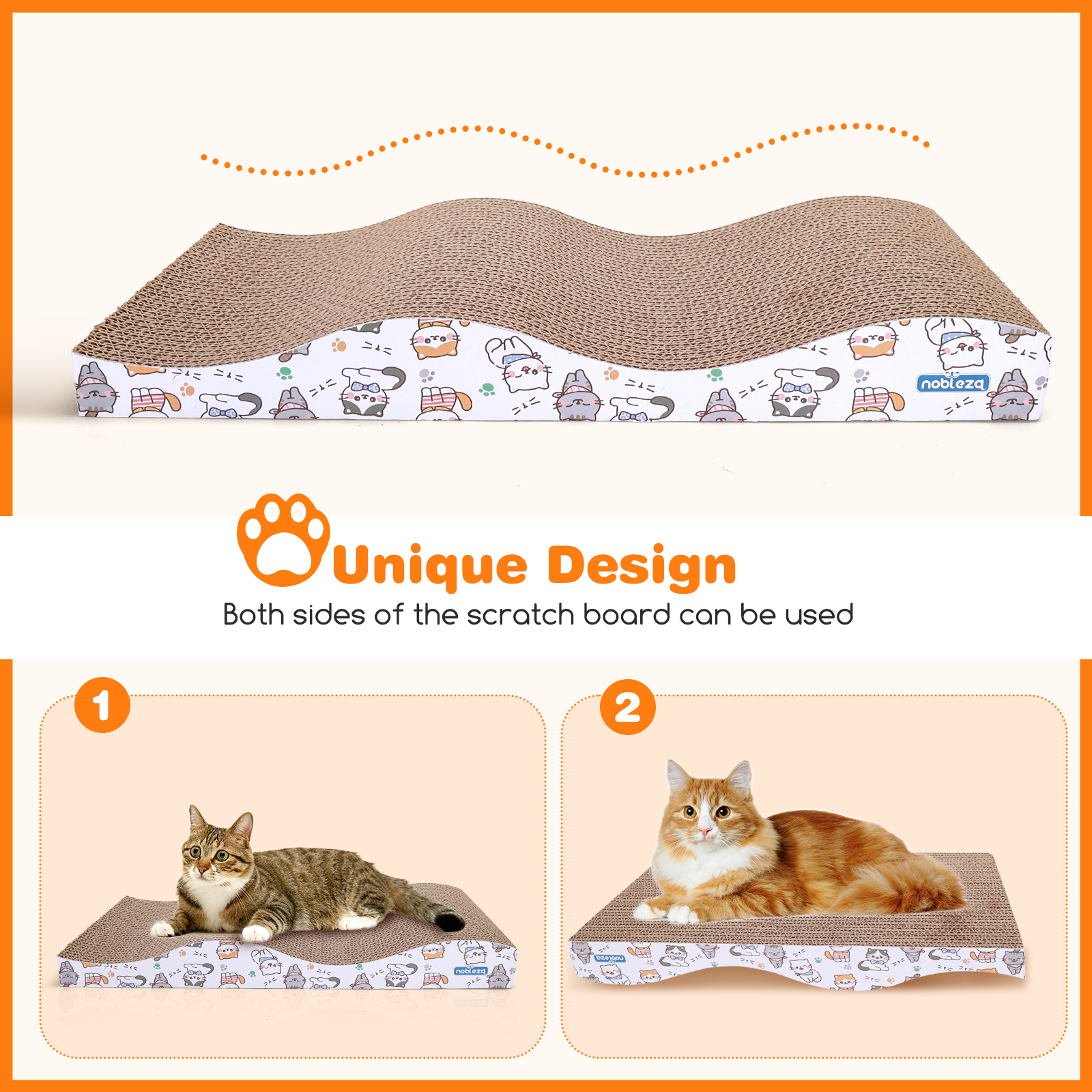 Dos imágenes de un rascador para gatos, con un diseño único, y gatos acostados en ellos.