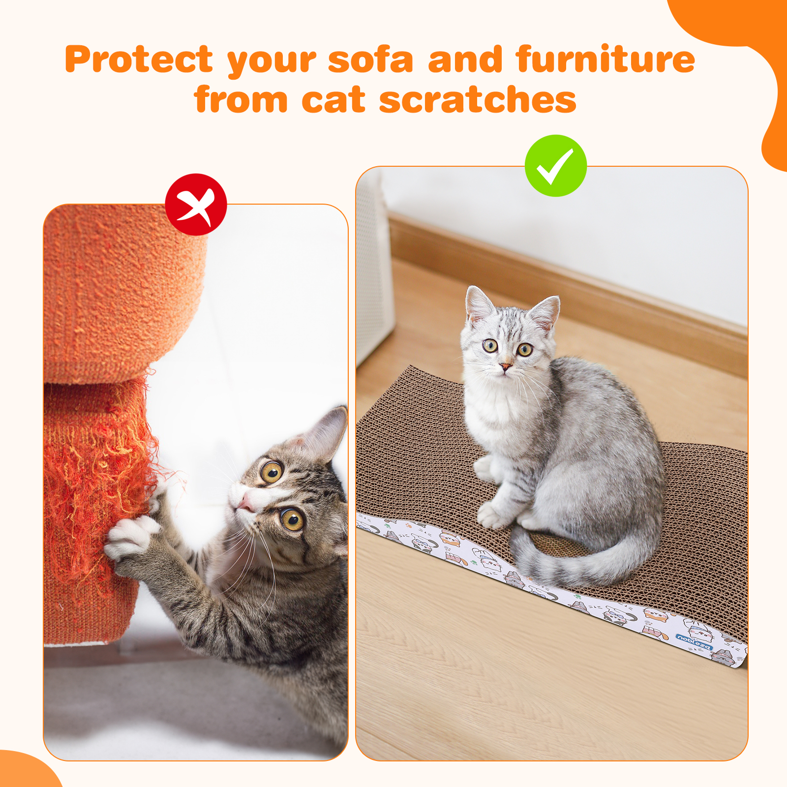 Una imagen dividida muestra un gato rascando muebles frente al uso de una almohadilla para rascar para proteger los muebles.