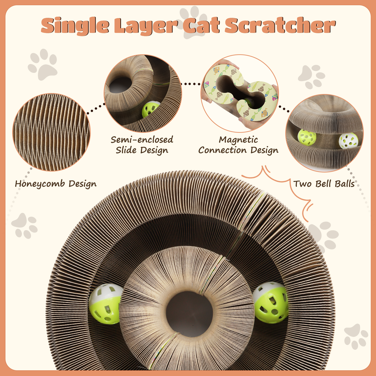 Un diagrama de un rascador para gatos. Muestra diseño de panal, semi-cerrado y bolas con campana.