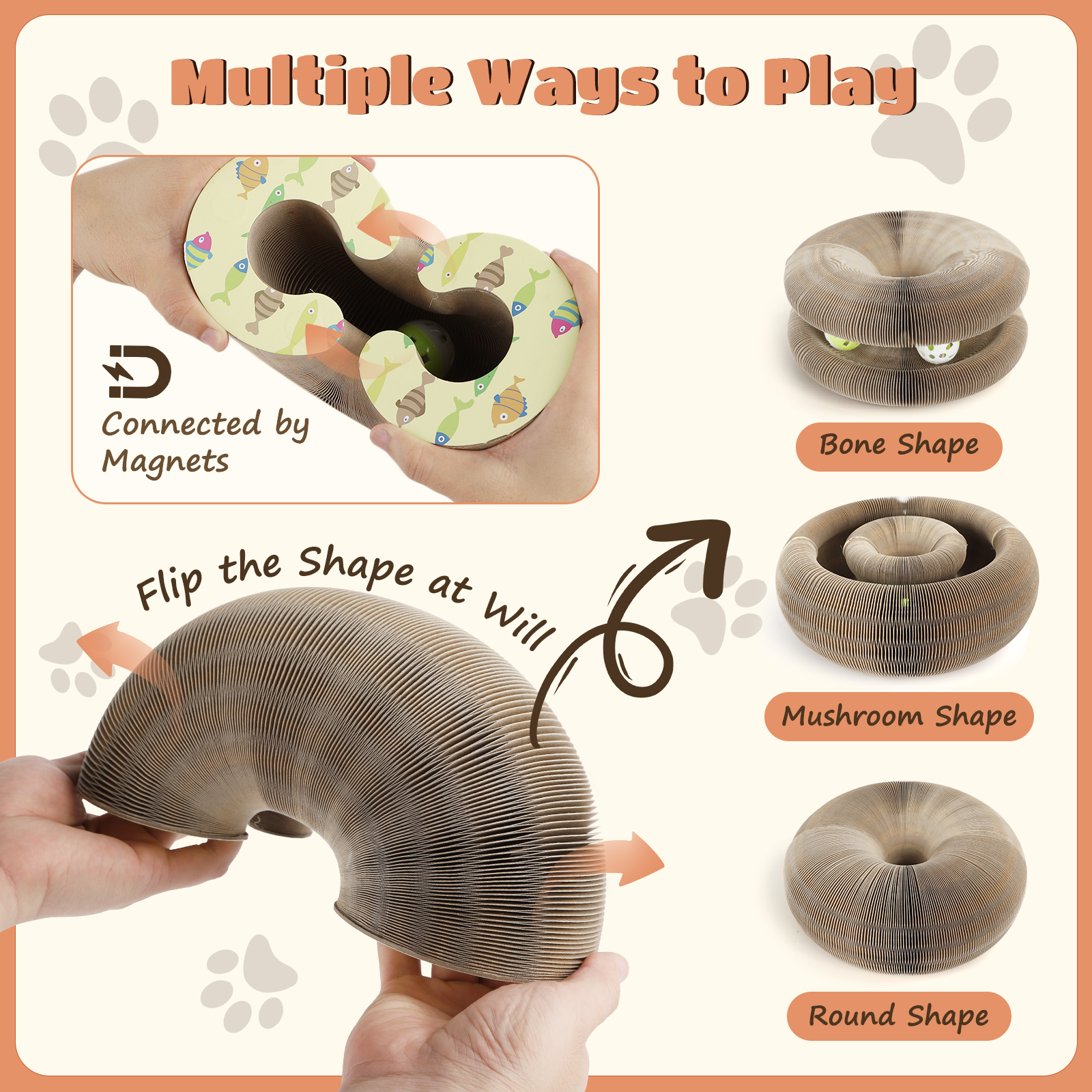 Juguete para gatos plegable con múltiples formas: hueso, hongo y redondo. Conectado por imanes.
