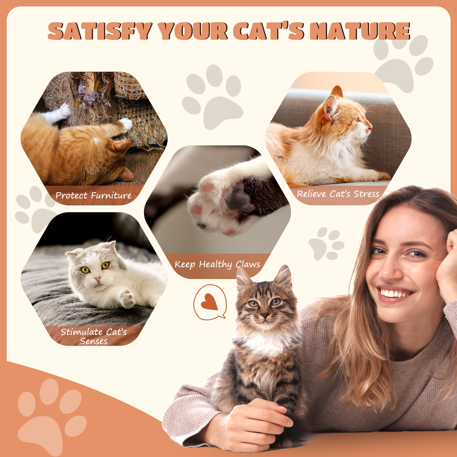 Una mujer con un gato, rodeada de imágenes que muestran formas de 'Satisfacer la naturaleza de tu gato'.