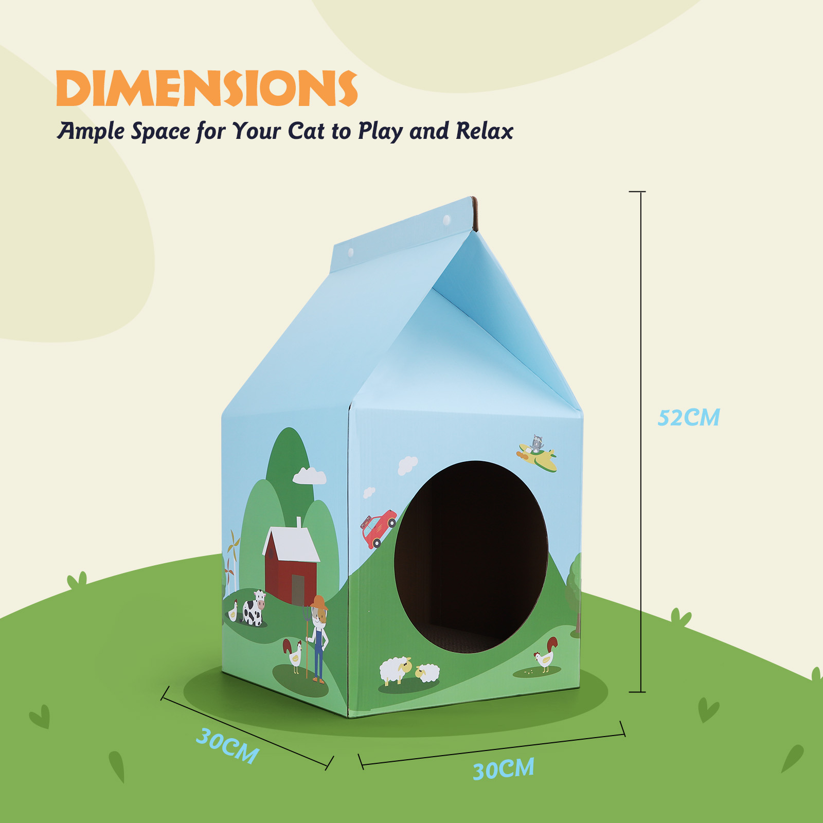 Una casa para gatos con forma de edificio de granja, con dimensiones y gráficos sobre un fondo de hierba.