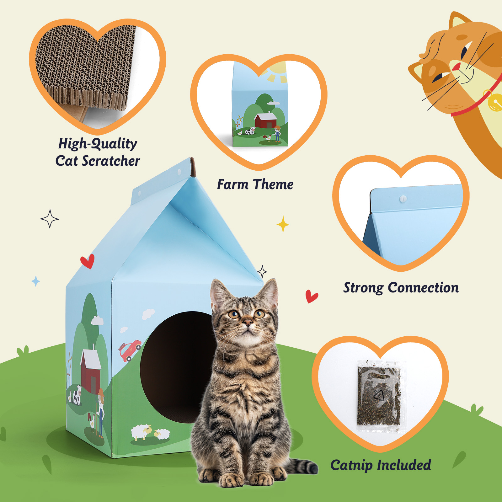 Gato en una caseta para gatos con temática de granja con etiquetas de texto y gráficos de gatos de dibujos animados.