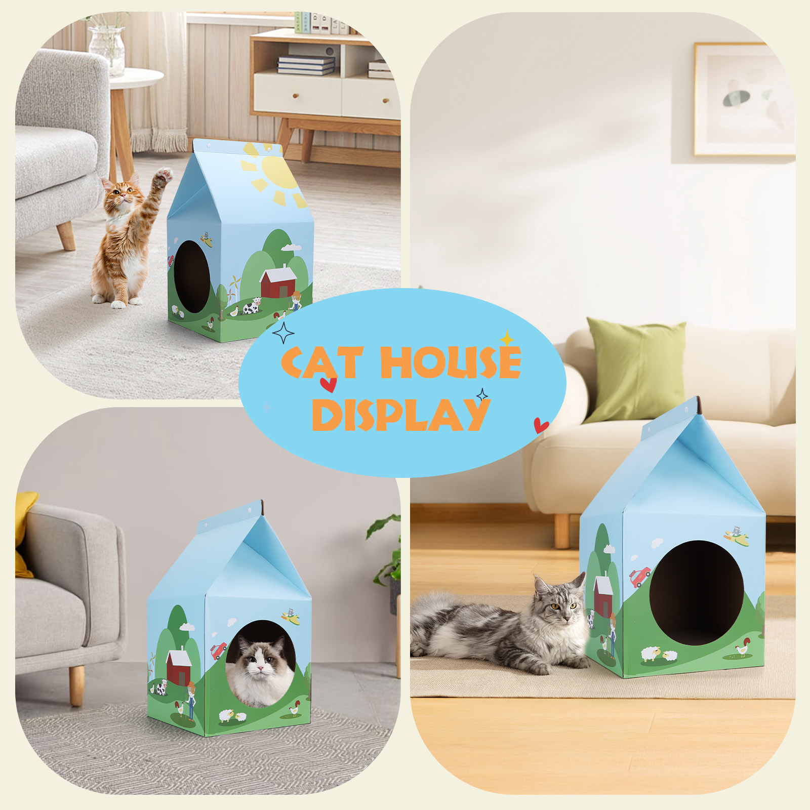 Exhibición de casa para gatos con escenas de gatos dentro y alrededor de una estructura de cartón azul.